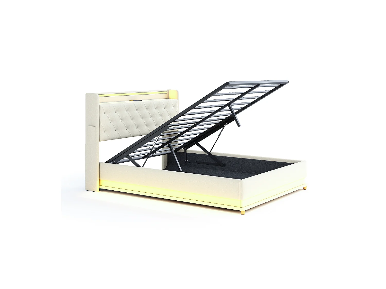 Lit coffre 140x200 cm - Lit adulte avec éclairage LED et recharge USB - lin beige - sans matelas