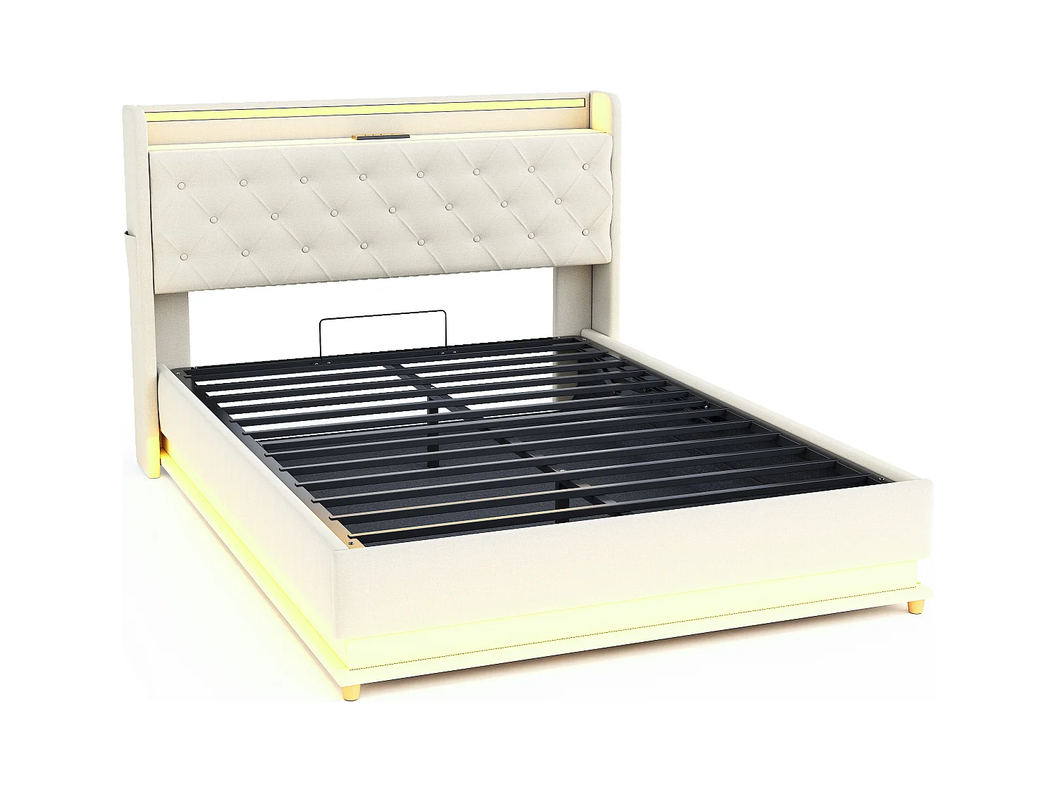 Lit coffre 140x200 cm - Lit adulte avec éclairage LED et recharge USB - lin beige - sans matelas