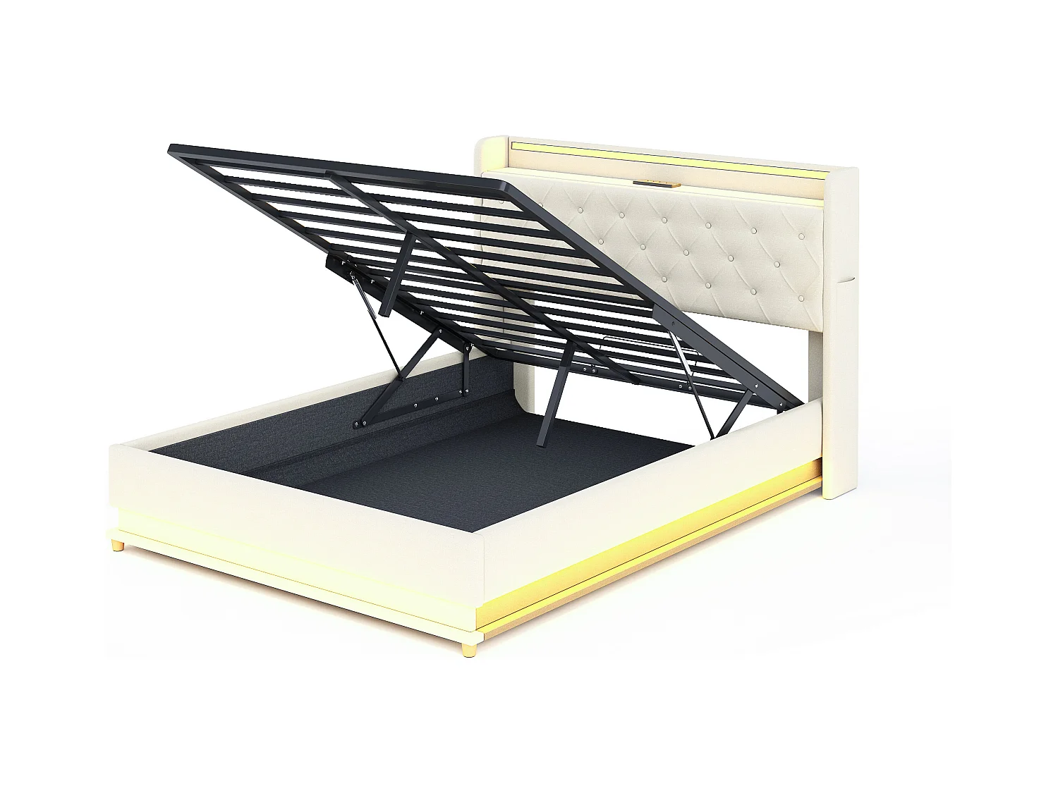 Lit coffre 140x200 cm - Lit adulte avec éclairage LED et recharge USB - lin beige - sans matelas