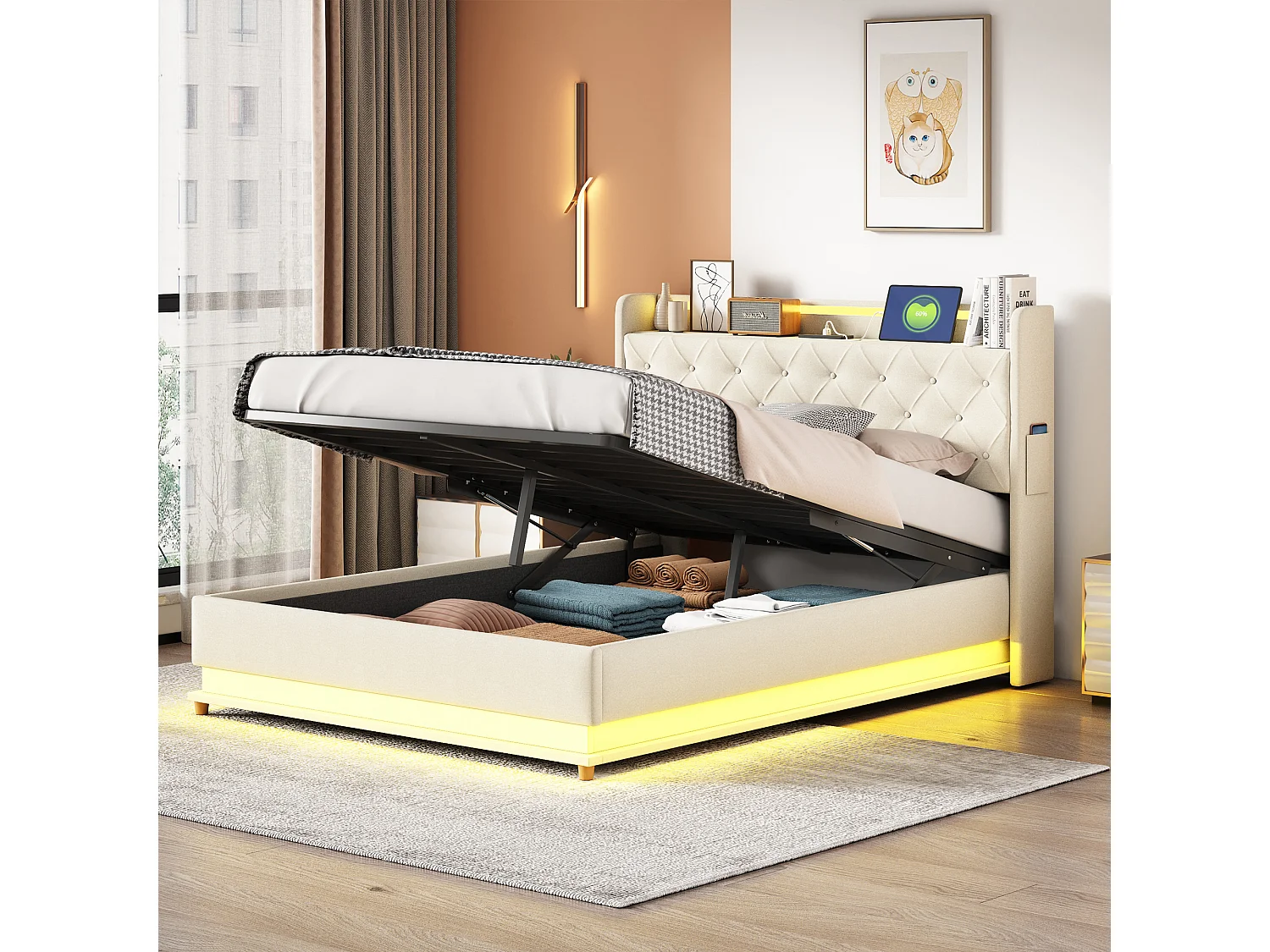 Lit coffre 140x200 cm - Lit adulte avec éclairage LED et recharge USB - lin beige - sans matelas