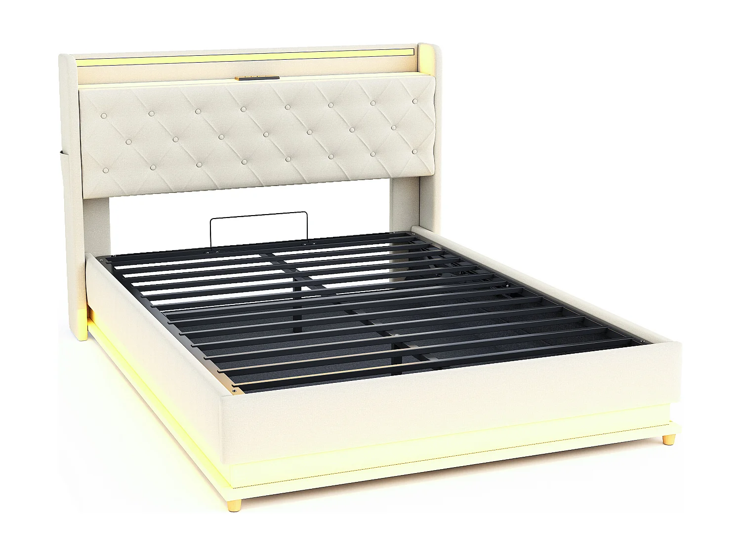 Lit coffre 140x200 cm - Lit adulte avec éclairage LED et recharge USB - lin beige - sans matelas