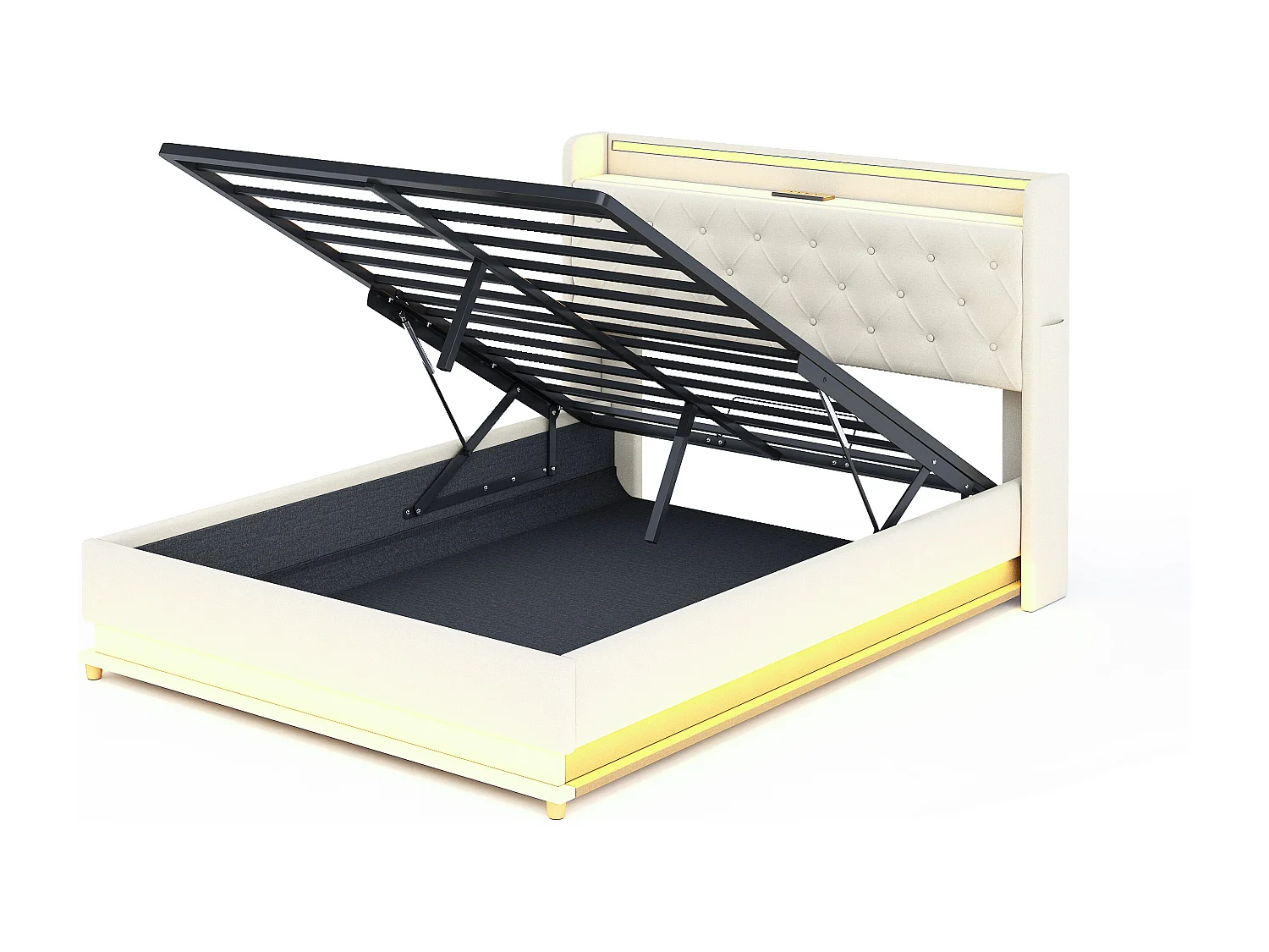 Lit coffre 140x200 cm - Lit adulte avec éclairage LED et recharge USB - lin beige - sans matelas