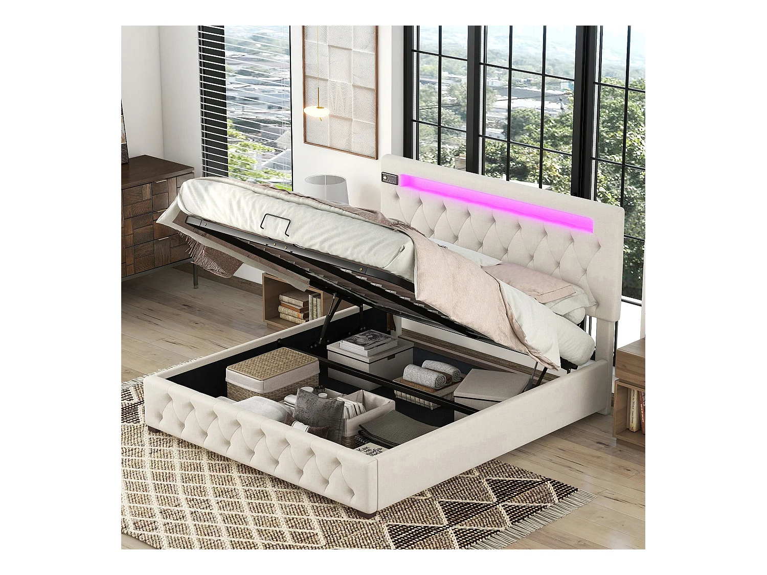 Lit coffre 140x200 cm - Lit adulte avec USB, lecteur Bluetooth et LED - tête de lit réglable - beige