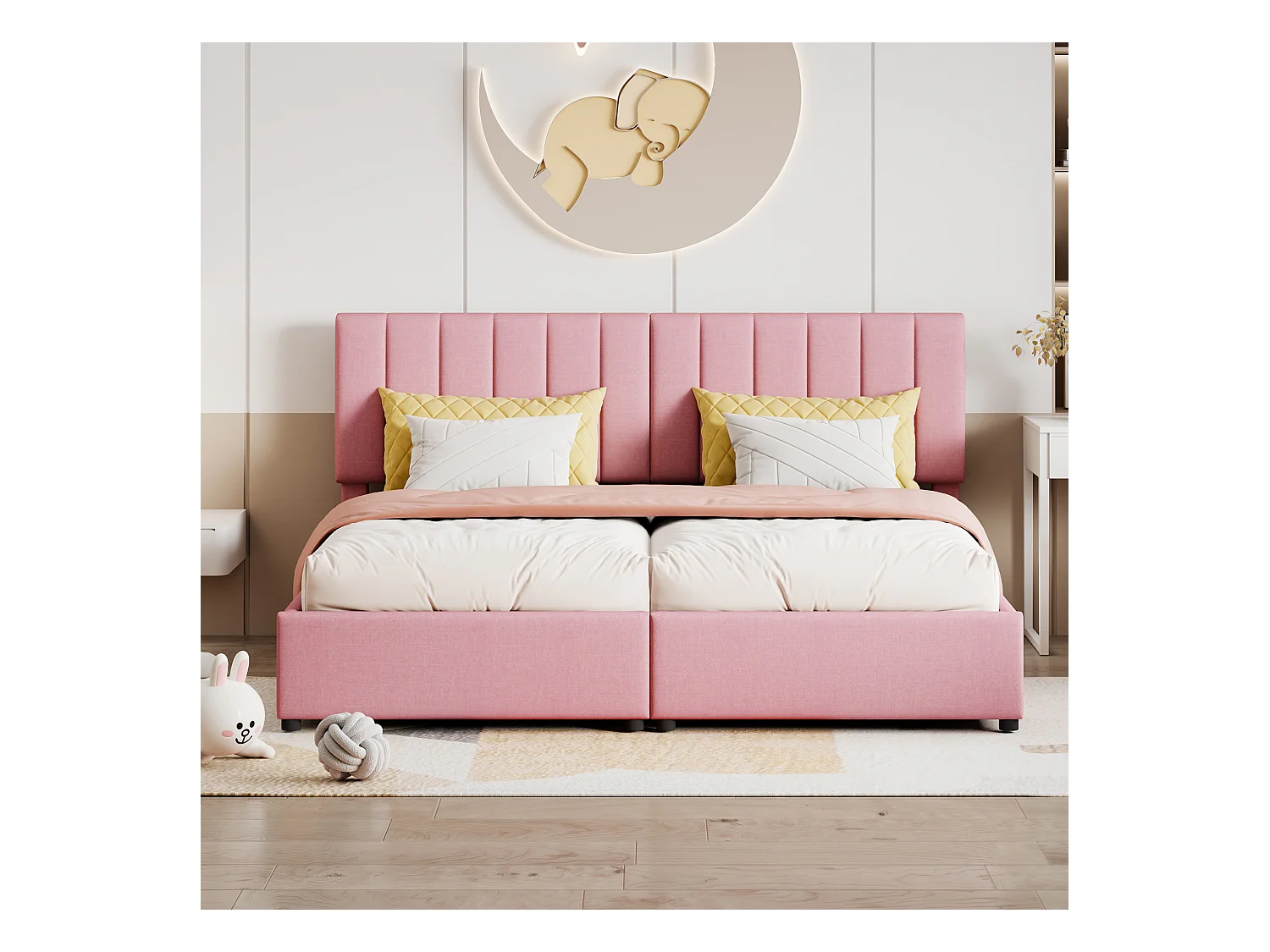 Lit coffre 180x200 cm - Lit adulte avec tête de lit réglable et sommier à lattes - lin rose - sans matelas