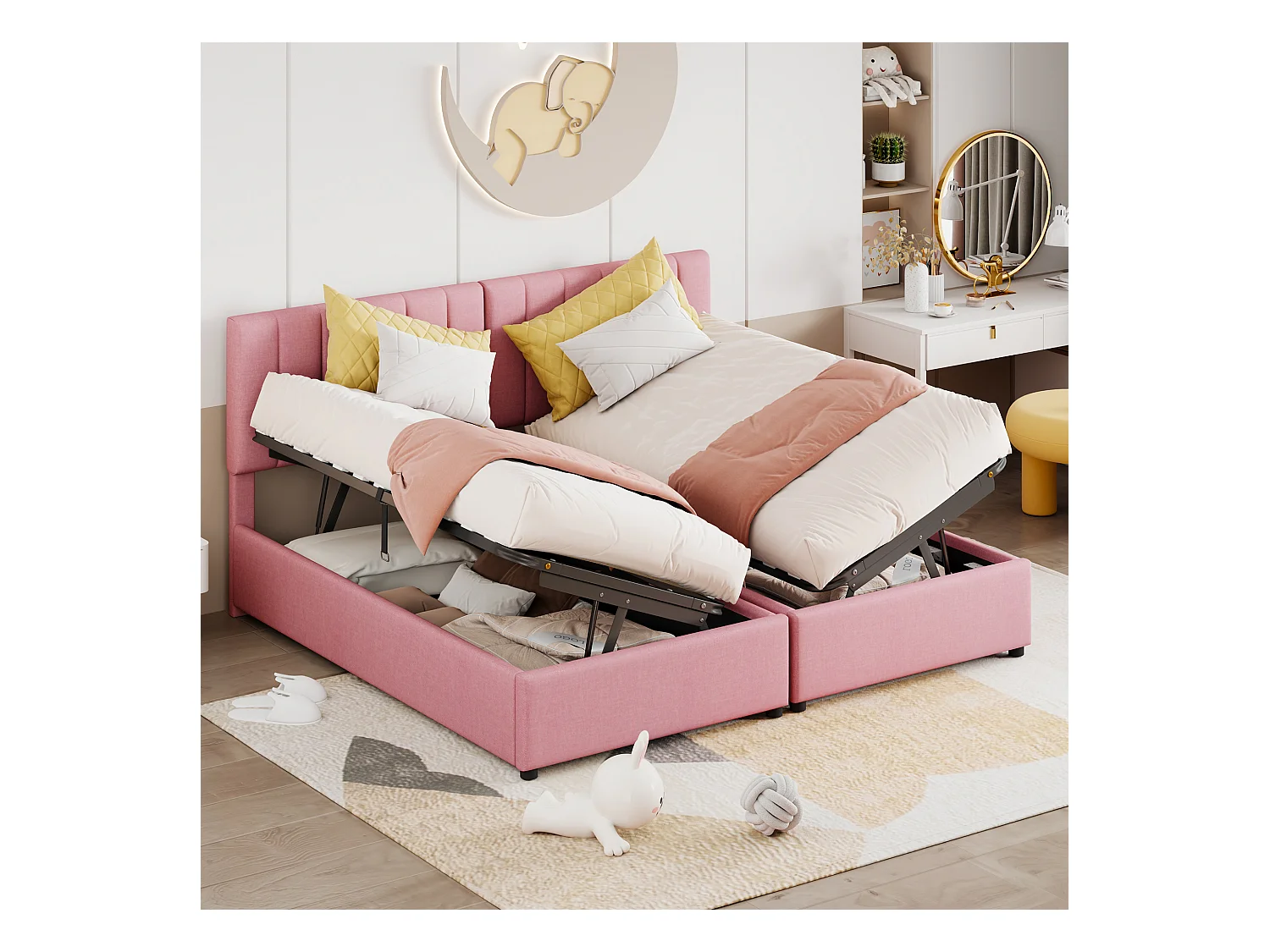Letto contenitore 180x200 cm - Letto imbottito con testiera regolabile e rete a doghe - lino rosa - senza materasso