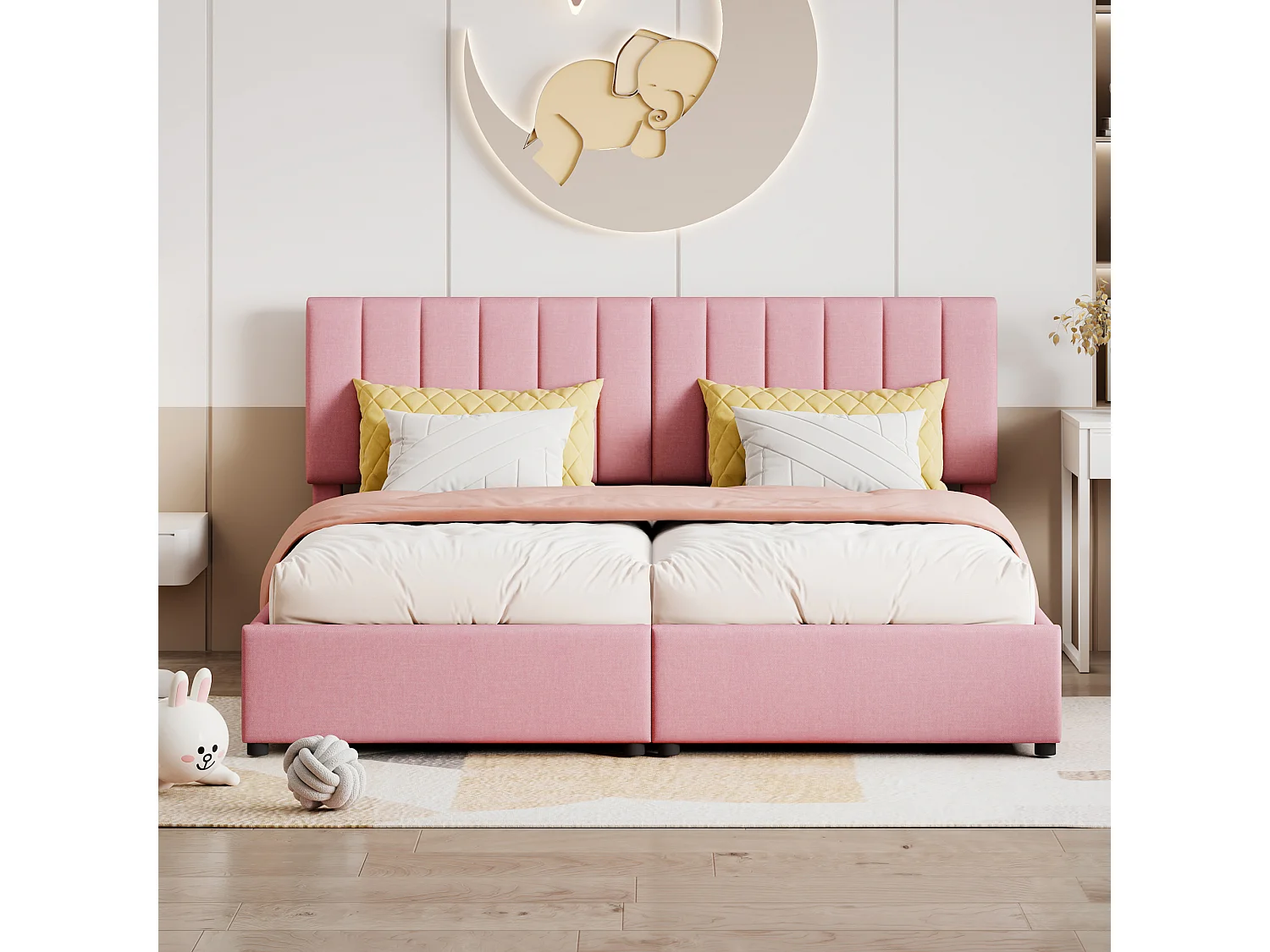 Lit coffre 180x200 cm - Lit adulte avec tête de lit réglable et sommier à lattes - lin rose - sans matelas