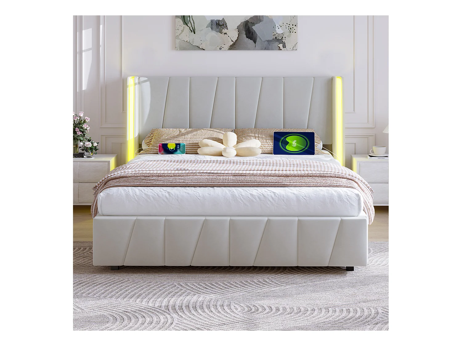 Lit coffre 140x200 cm - Lit adulte avec port USB et éclairage LED - velours beige - sans matelas