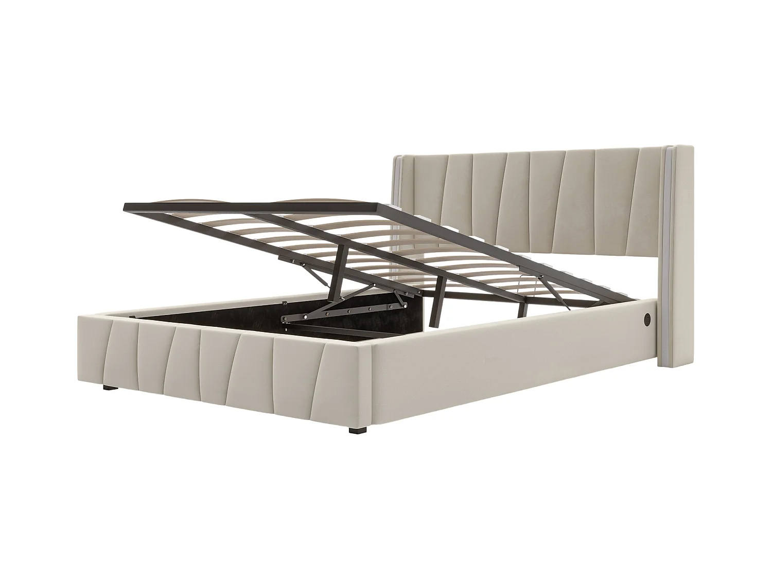 Lit coffre 140x200 cm - Lit adulte avec port USB et éclairage LED - velours beige - sans matelas