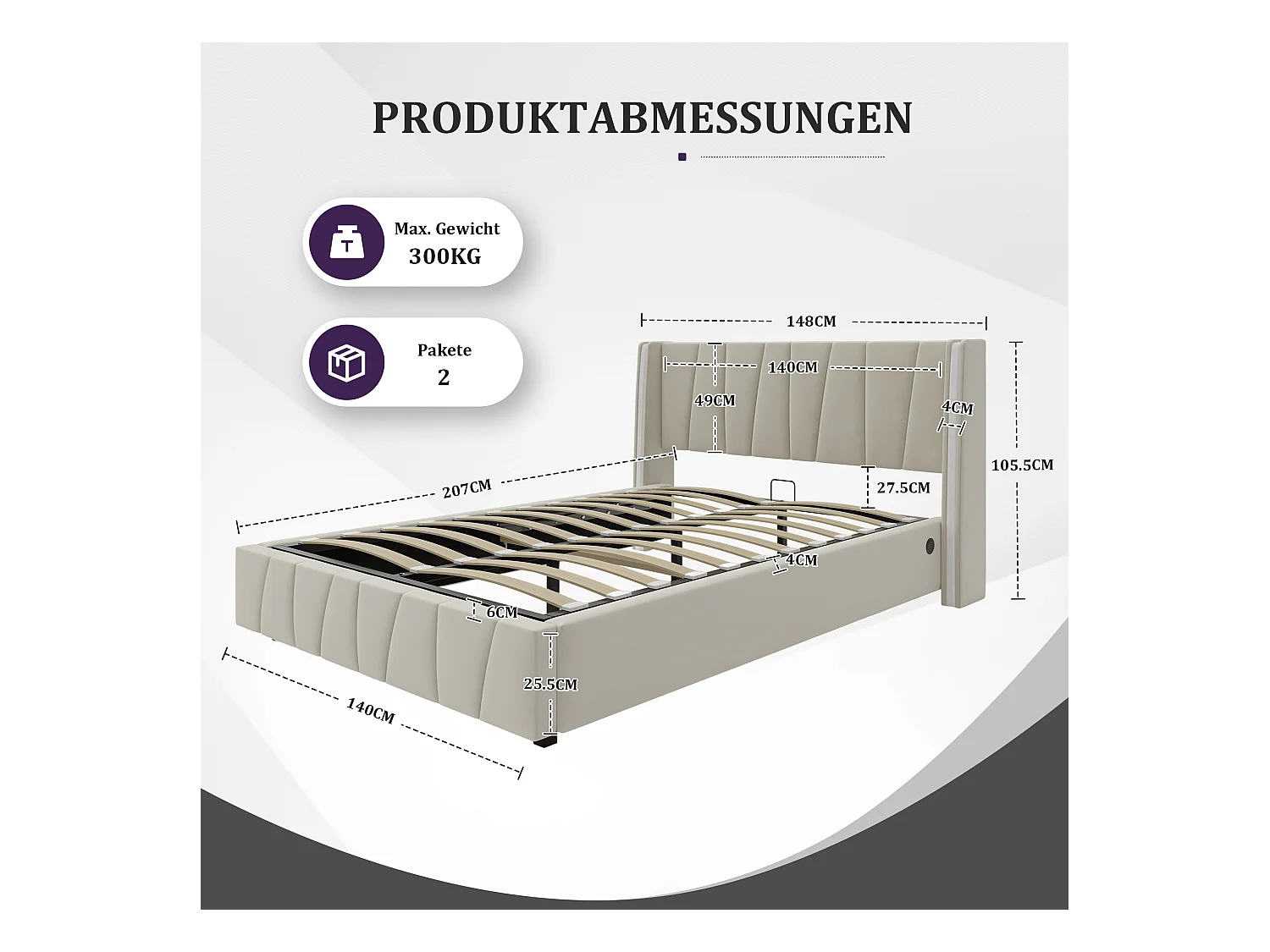 Lit coffre 140x200 cm - Lit adulte avec port USB et éclairage LED - velours beige - sans matelas