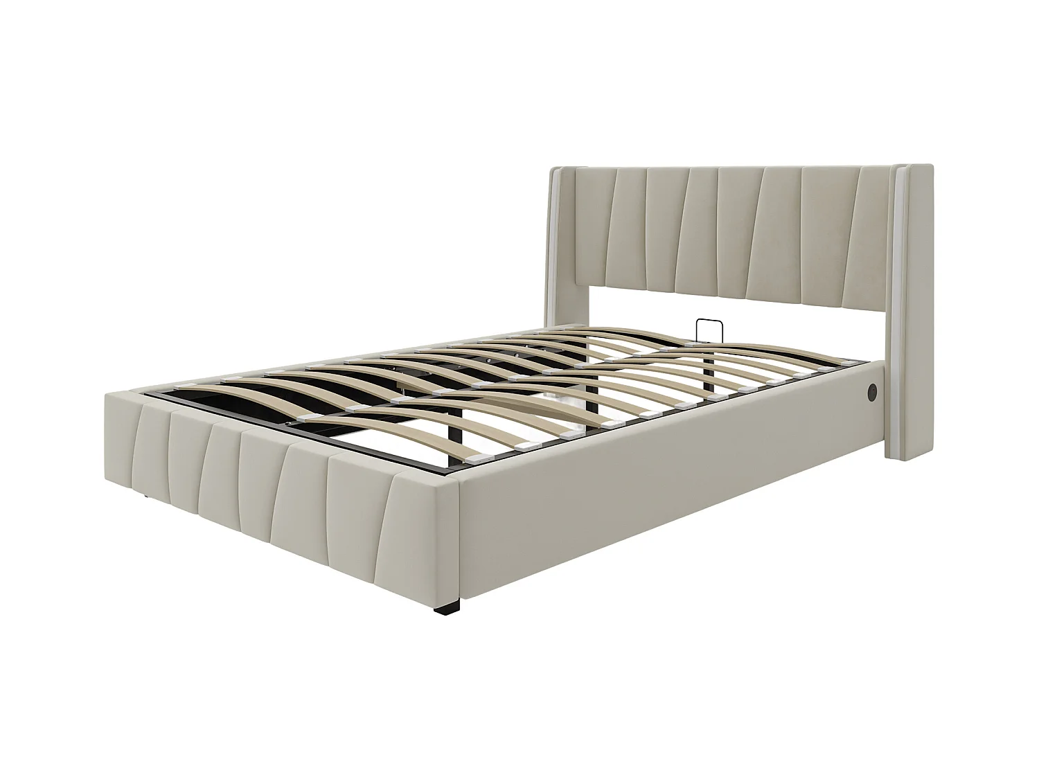 Lit coffre 140x200 cm - Lit adulte avec port USB et éclairage LED - velours beige - sans matelas