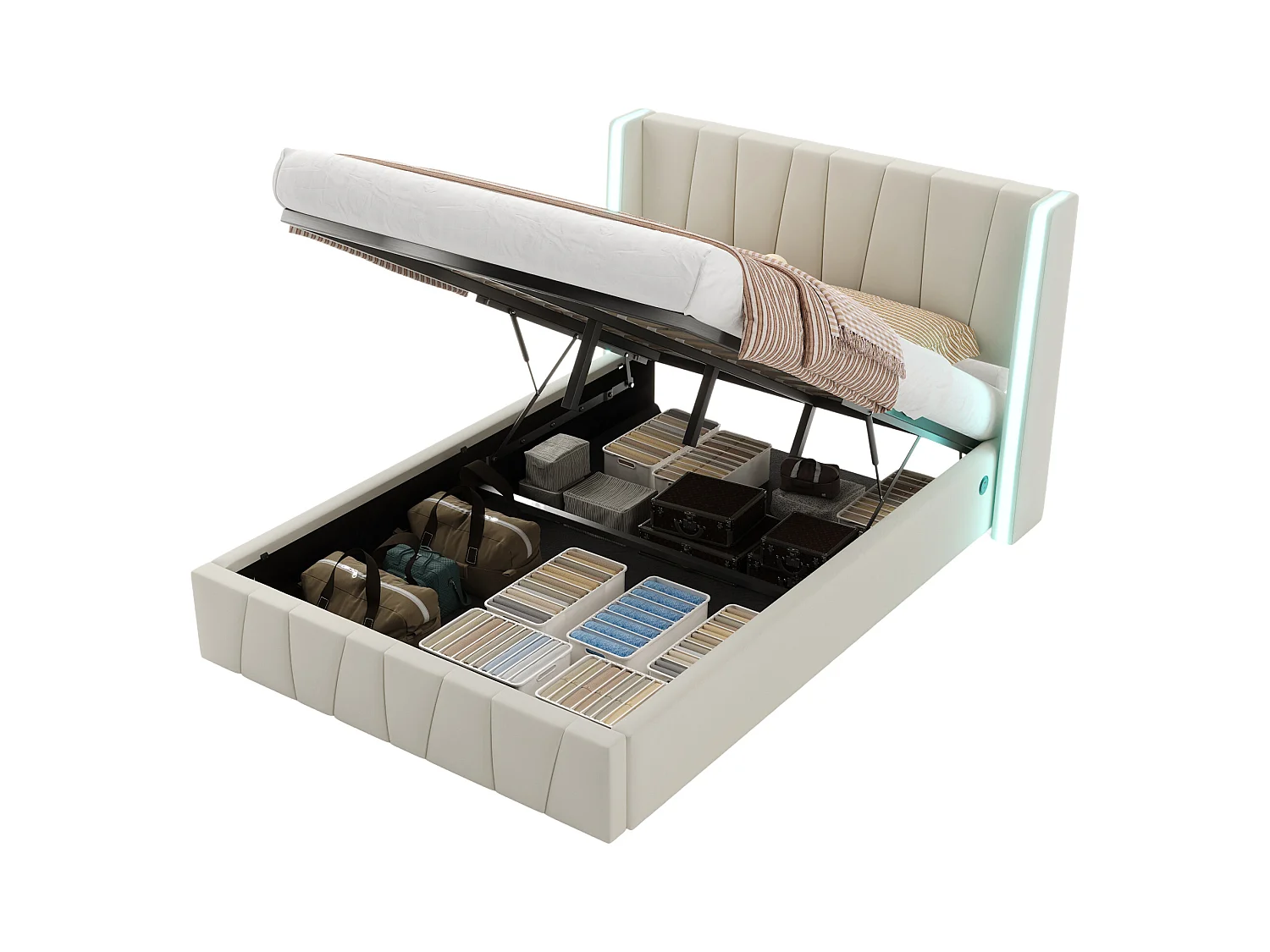 Lit coffre 140x200 cm - Lit adulte avec port USB et éclairage LED - velours beige - sans matelas