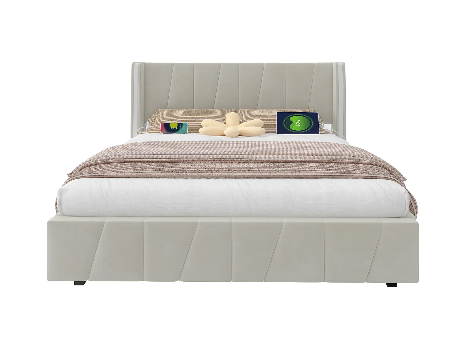 Lit coffre 140x200 cm - Lit adulte avec port USB et éclairage LED - velours beige - sans matelas