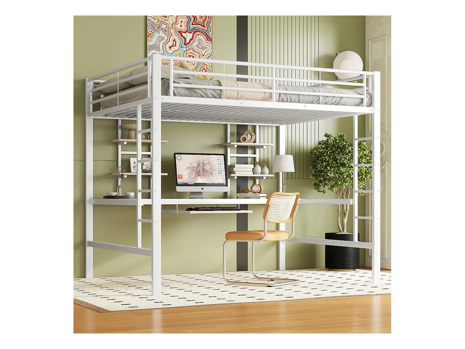 Letto a soppalco 140x200 cm - Letto per adulti con scrivania e ripiano portaoggetti - struttura in metallo - bianco