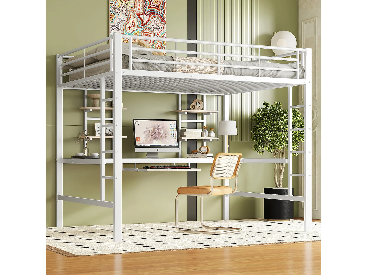 Letto a soppalco 140x200 cm - Letto per adulti con scrivania e ripiano portaoggetti - struttura in metallo - bianco