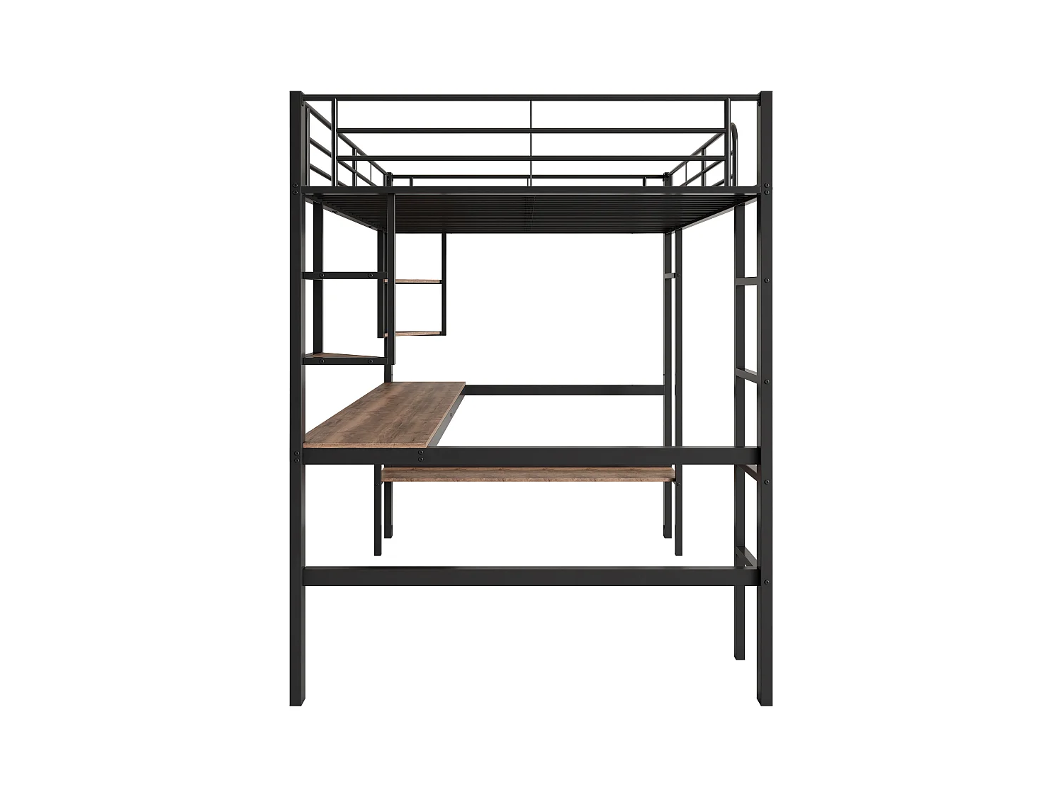 Cama alta de 90x200 cm - Cama para adultos con escritorio y estante - metal - negro - sin colchón