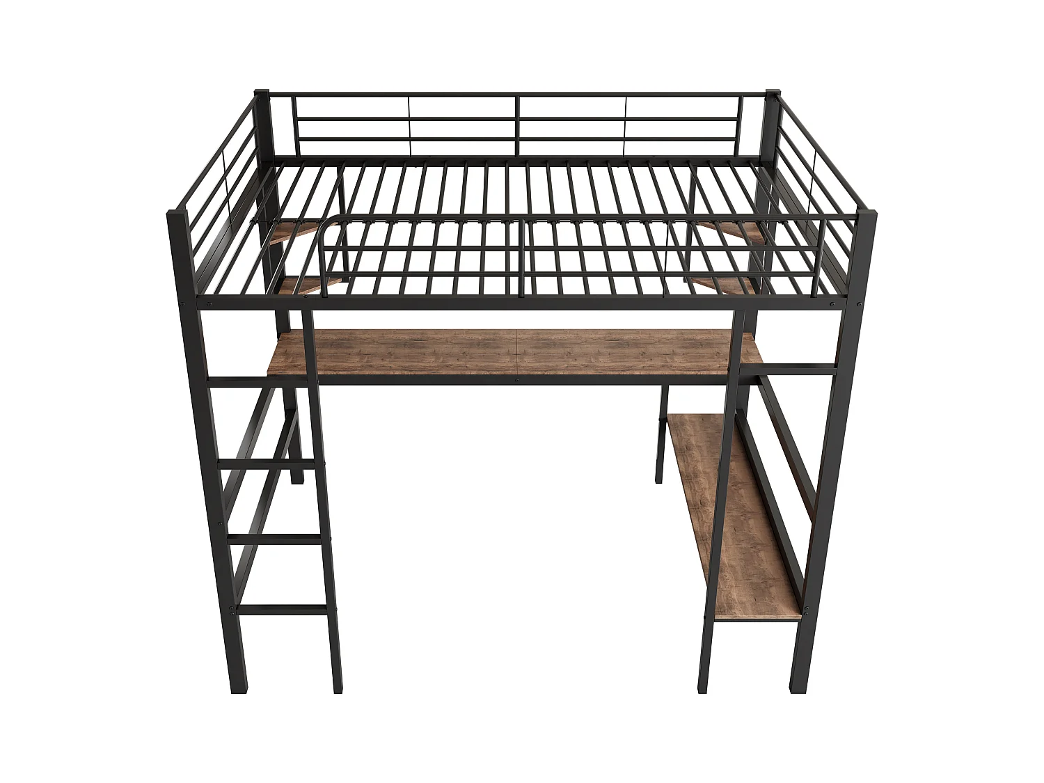 Cama alta de 90x200 cm - Cama para adultos con escritorio y estante - metal - negro - sin colchón