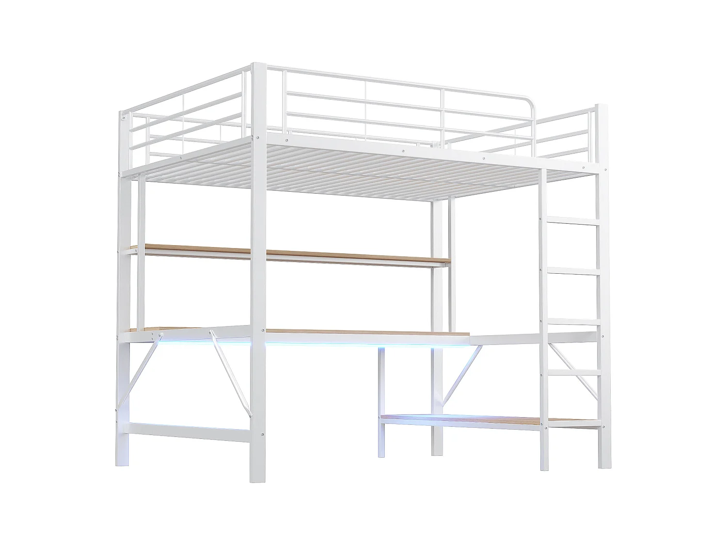 Lit mezzanine 140x200 cm - Lit adulte avec prise USB et éclairage LED - bureau sous le lit - blanc - métal