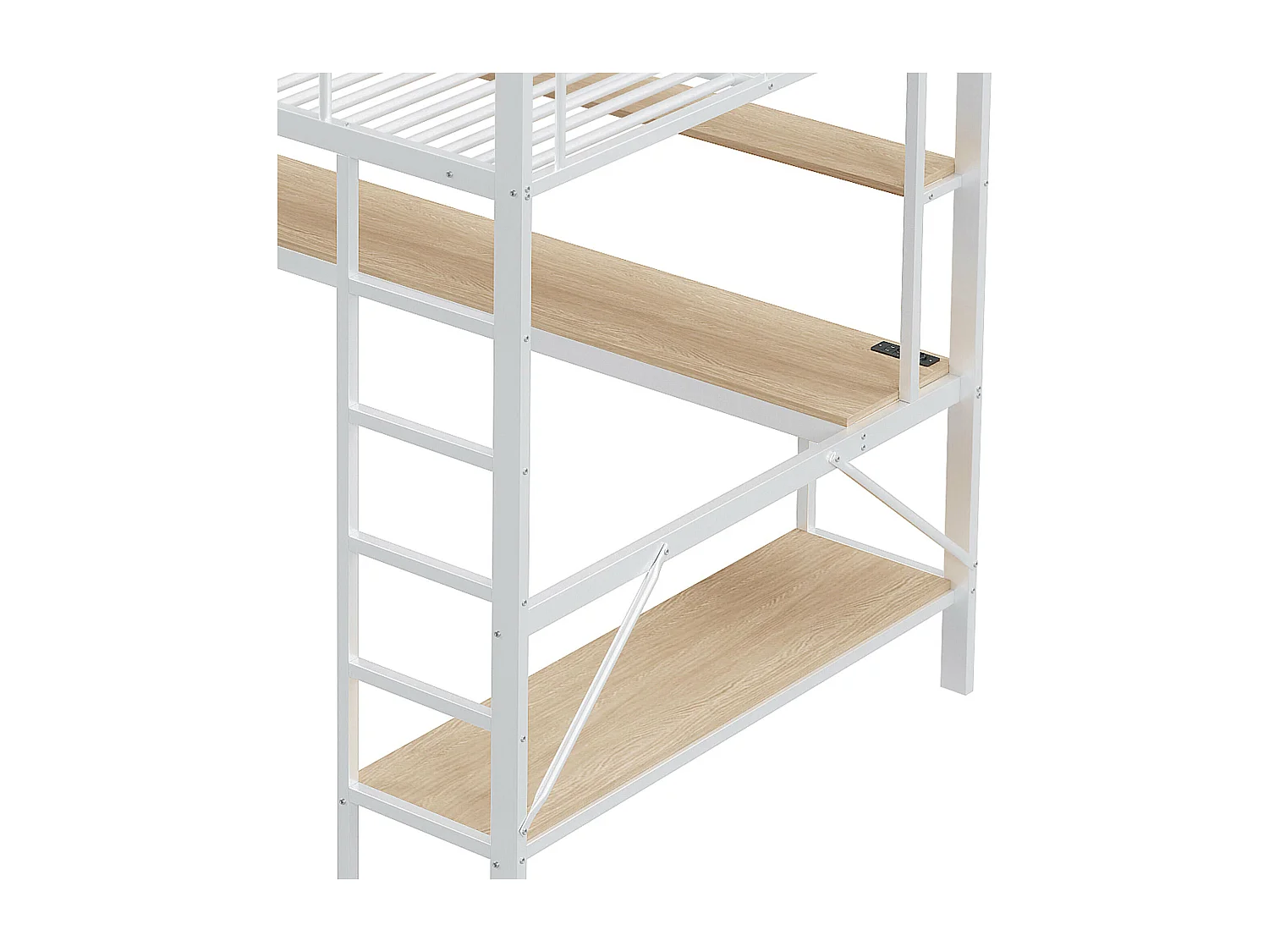 Lit mezzanine 140x200 cm - Lit adulte avec prise USB et éclairage LED - bureau sous le lit - blanc - métal