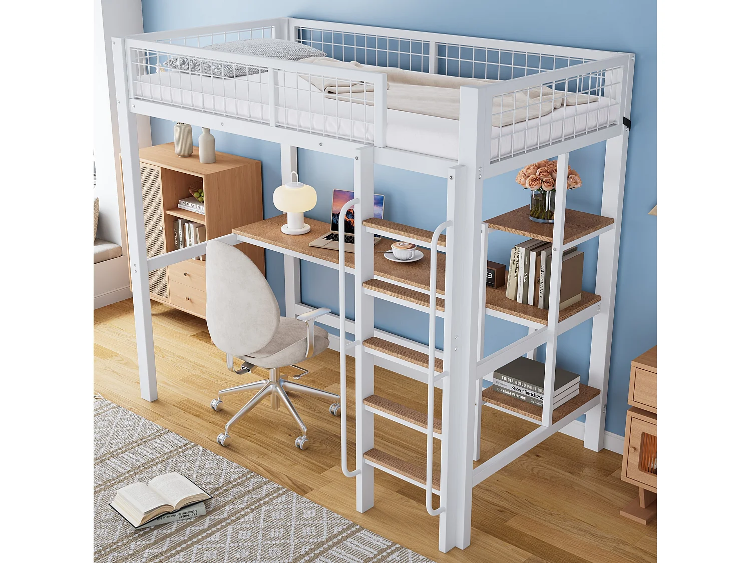 Lit mezzanine 90x200 cm - Lit adulte avec bureau et étagère - barrières de sécurité - blanc et naturel