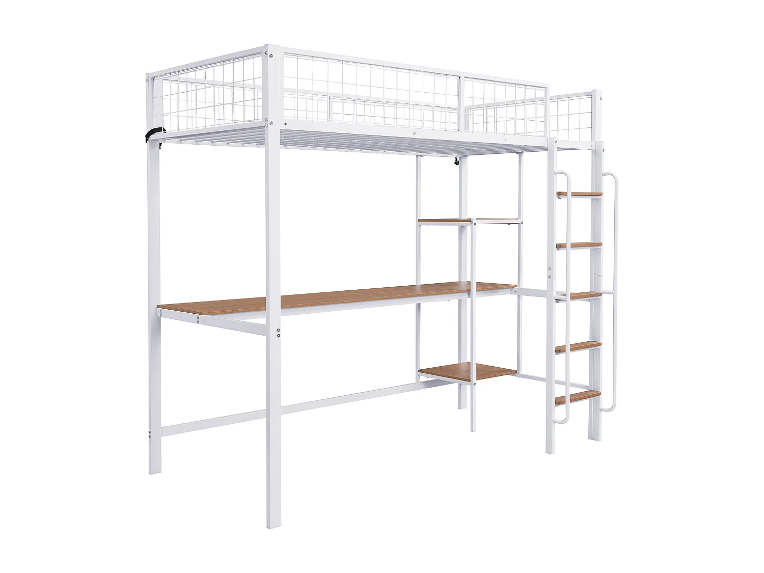 Lit mezzanine 90x200 cm - Lit adulte avec bureau et étagère - barrières de sécurité - blanc et naturel