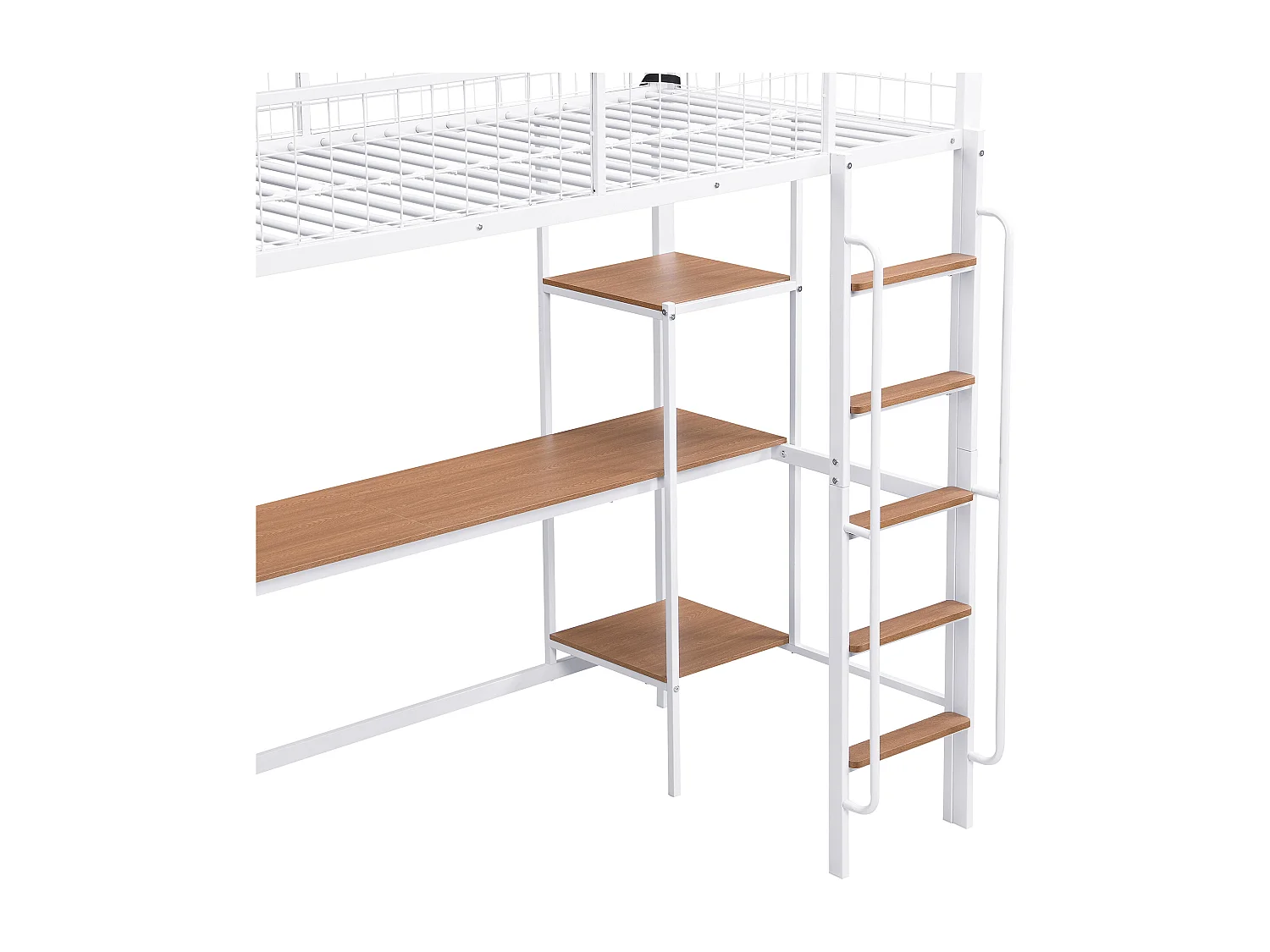 Lit mezzanine 90x200 cm - Lit adulte avec bureau et étagère - barrières de sécurité - blanc et naturel