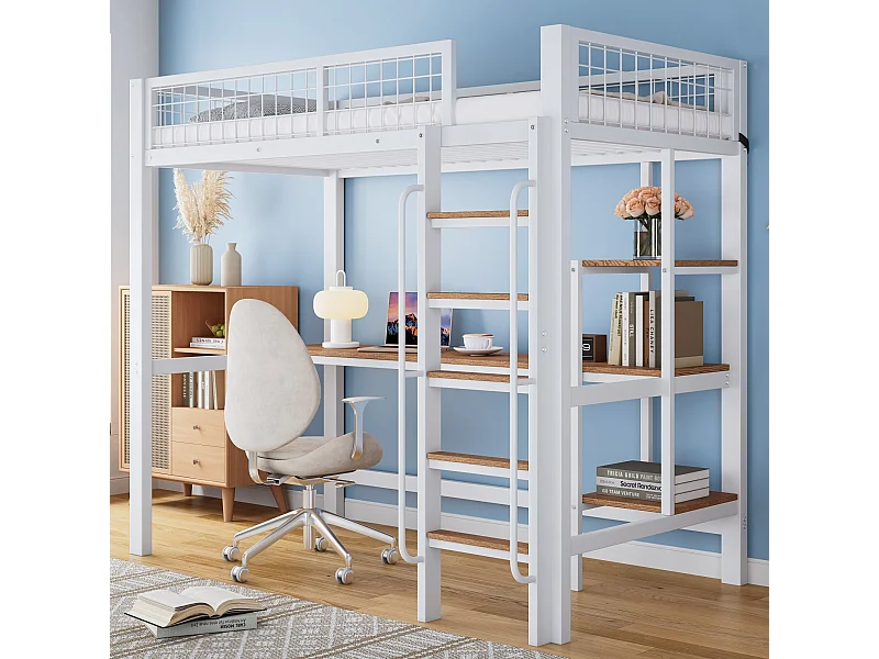 Cama alta de 90x200 cm - Cama juvenil con escritorio y estantería - barandillas de seguridad - blanco y natural