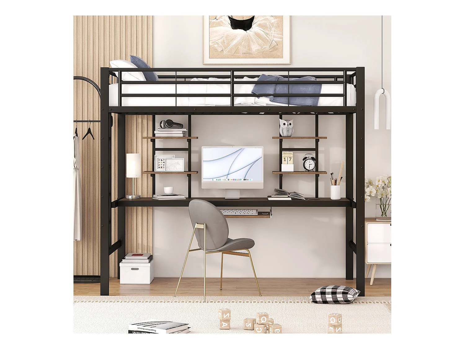 Letto a soppalco 90x200 cm - Letto per adulti con scrivania e ripiano portaoggetti - metallo - nero