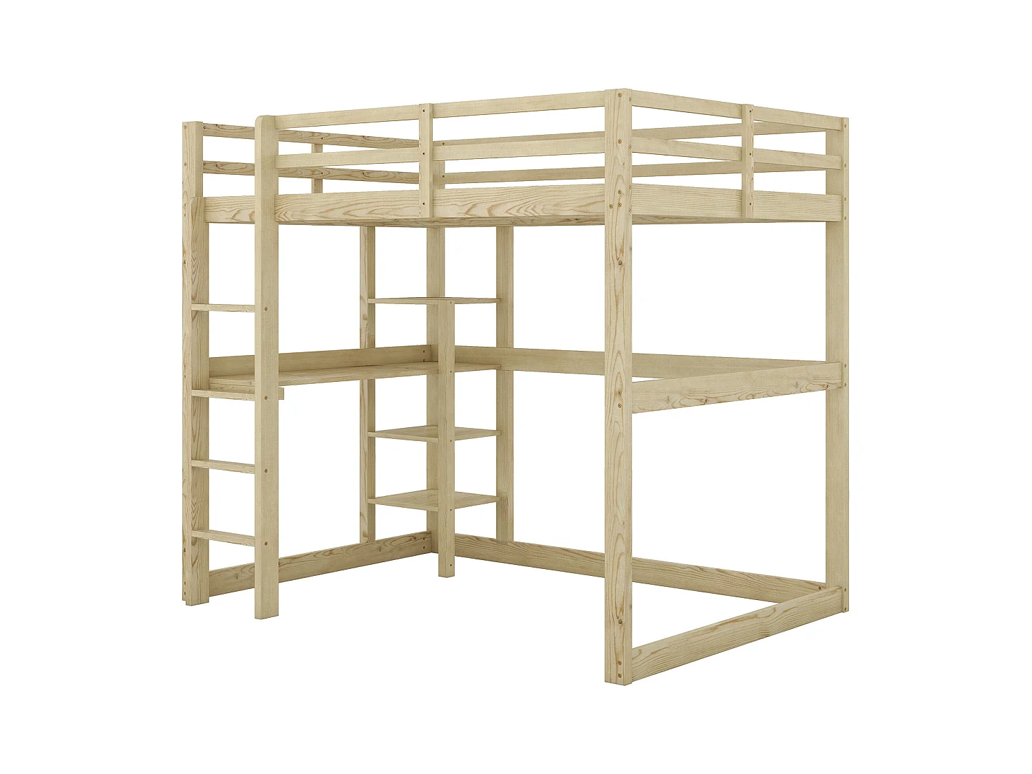 Letto a soppalco 140x200 cm - Letto per bambini con scrivania e ripiano portaoggetti - pino - naturale