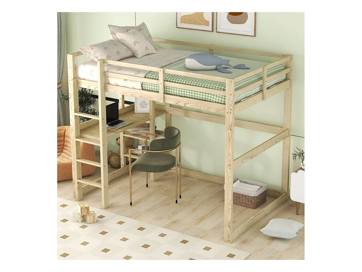 Lit mezzanine 140x200 cm - Lit enfant avec bureau et étagère de rangement - pin - naturel
