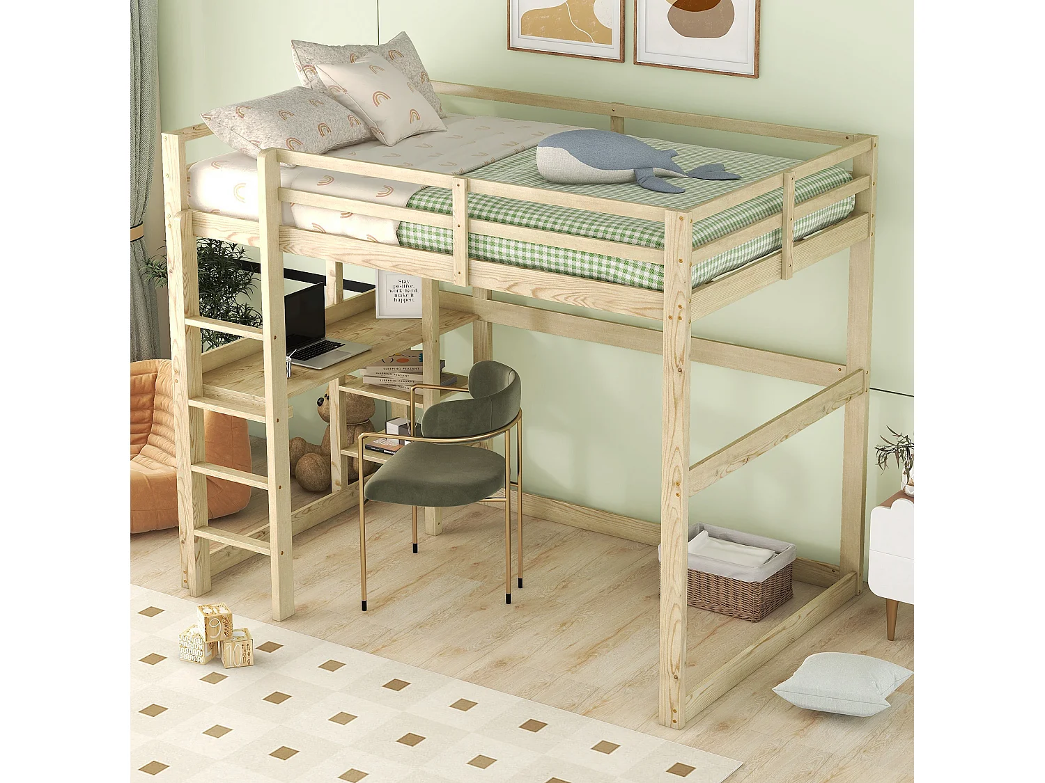 Cama alta 140x200 cm - Cama infantil con escritorio y estantería - pino - natural