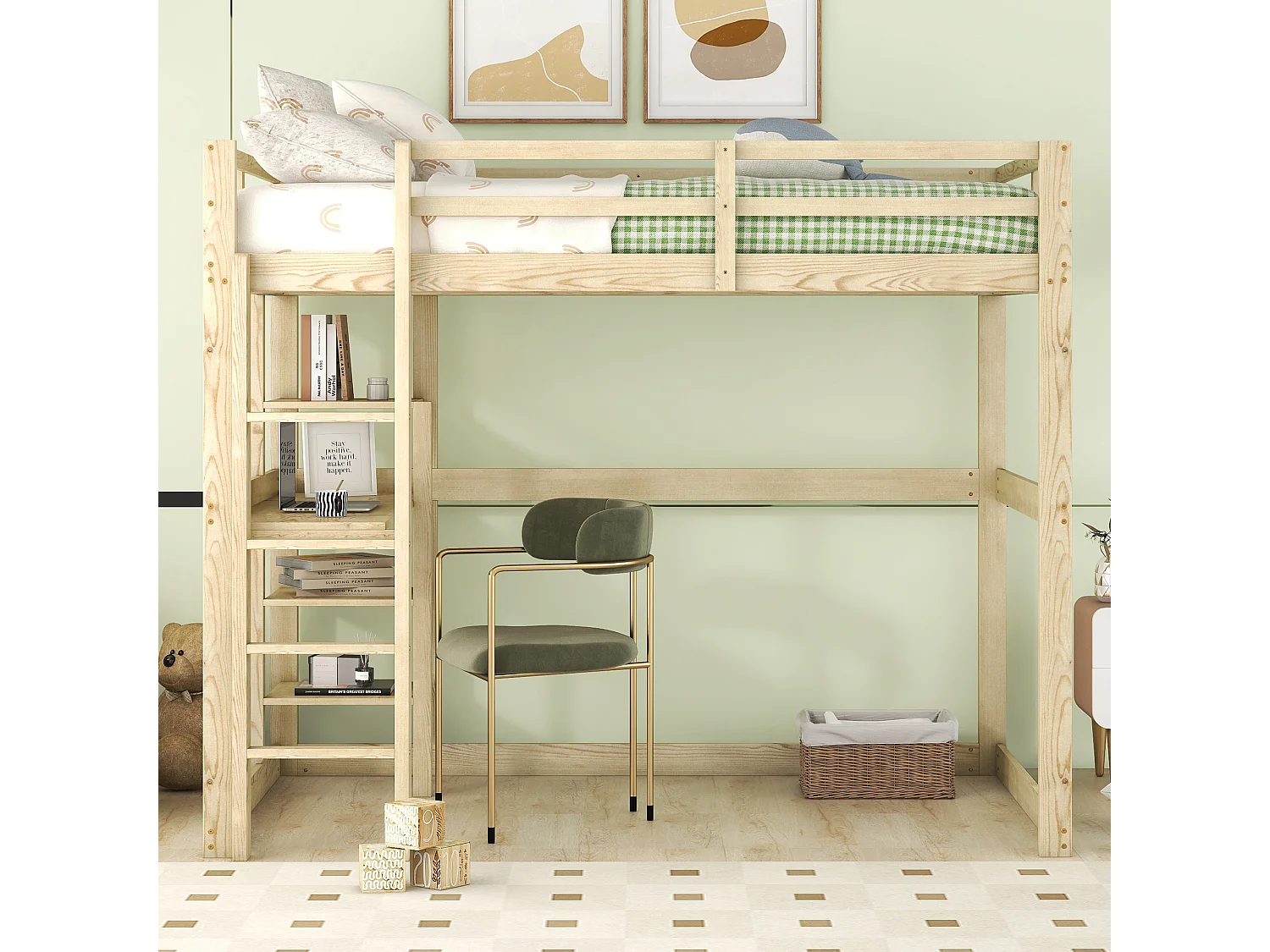 Cama alta 140x200 cm - Cama infantil con escritorio y estantería - pino - natural