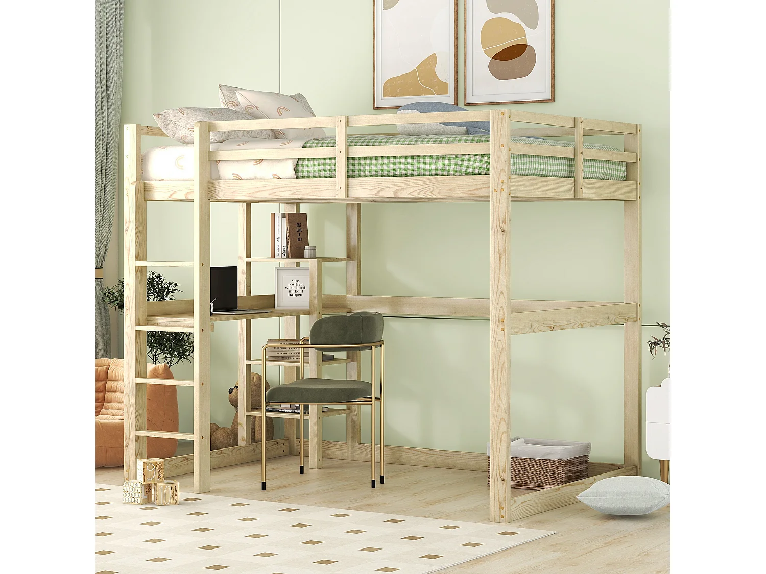 Cama alta 140x200 cm - Cama infantil con escritorio y estantería - pino - natural