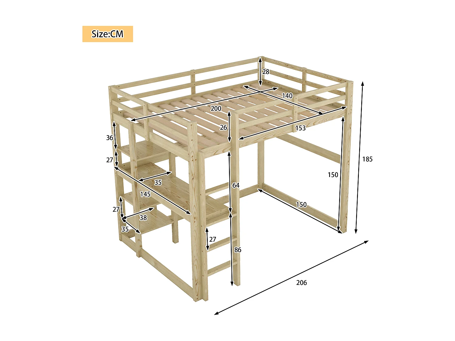 Cama alta 140x200 cm - Cama infantil con escritorio y estantería - pino - natural
