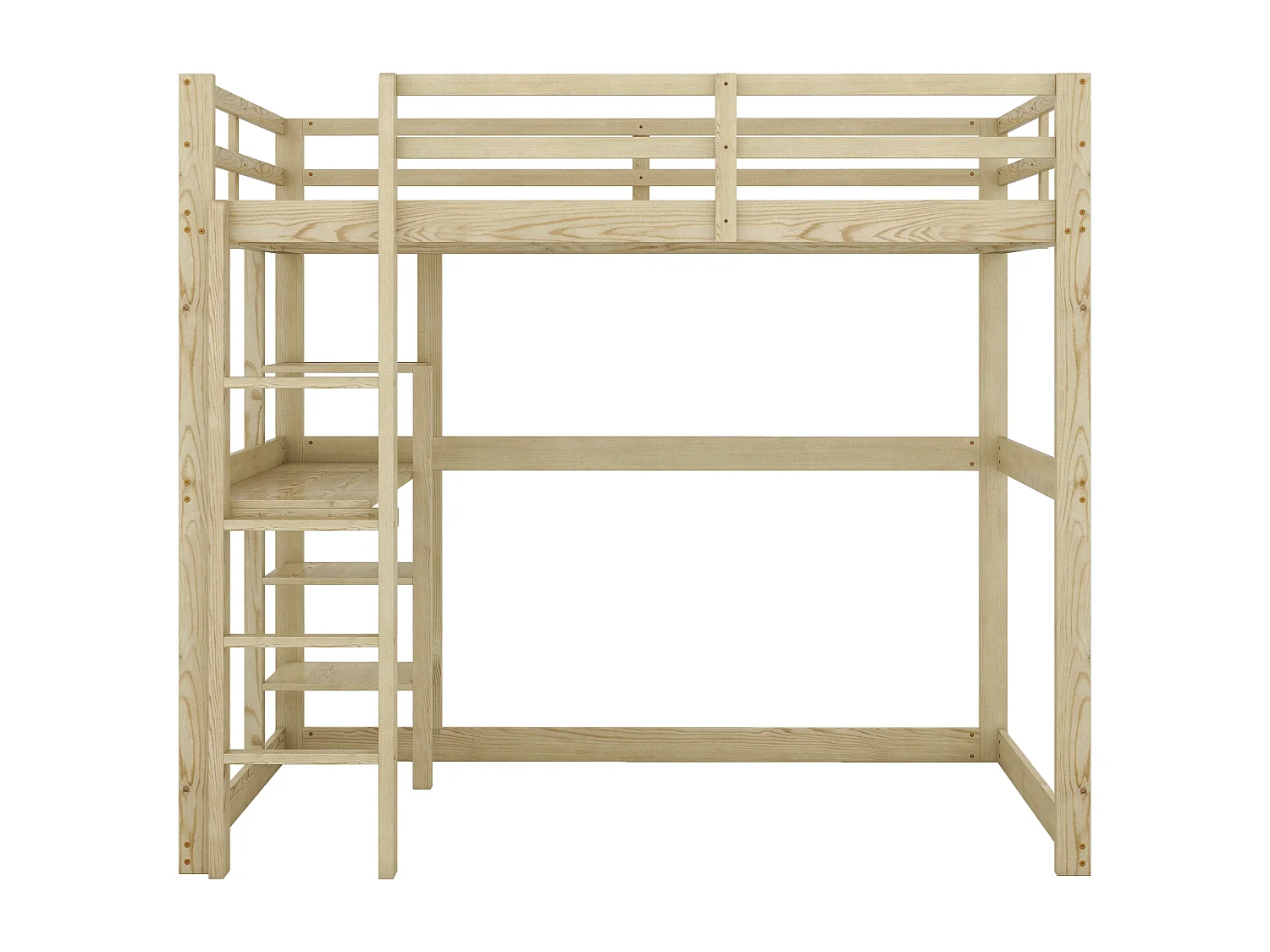 Cama alta 140x200 cm - Cama infantil con escritorio y estantería - pino - natural