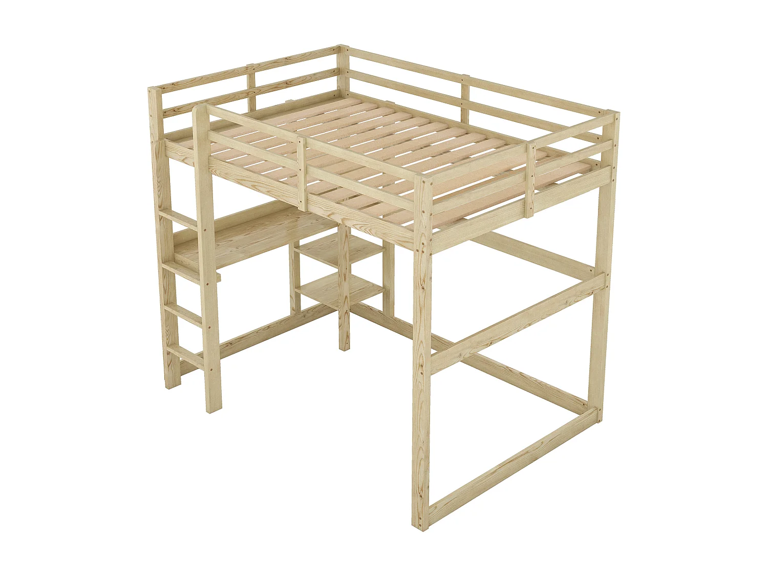 Cama alta 140x200 cm - Cama infantil con escritorio y estantería - pino - natural