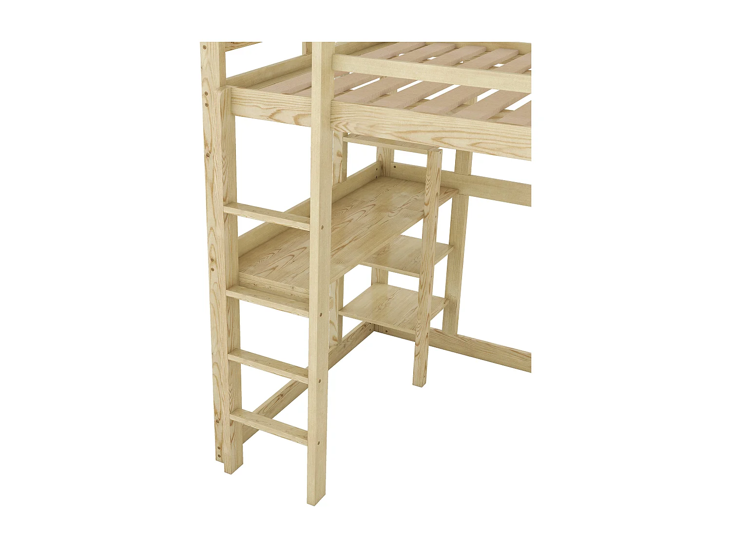 Cama alta 140x200 cm - Cama infantil con escritorio y estantería - pino - natural