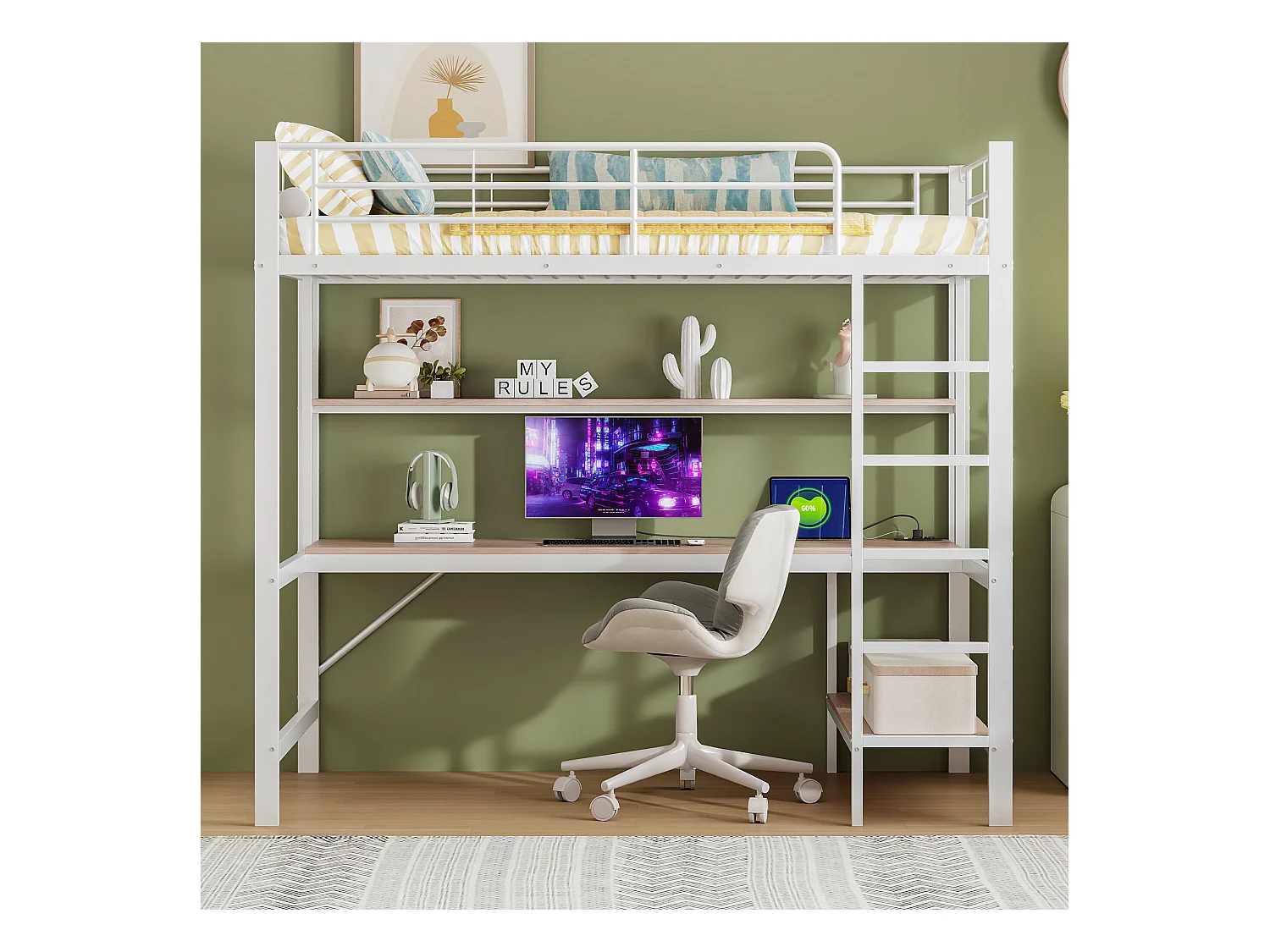 Letto a soppalco 90x200 cm - Letto per adulti con porta USB e illuminazione a LED - scrivania sotto il letto - bianco - metallo