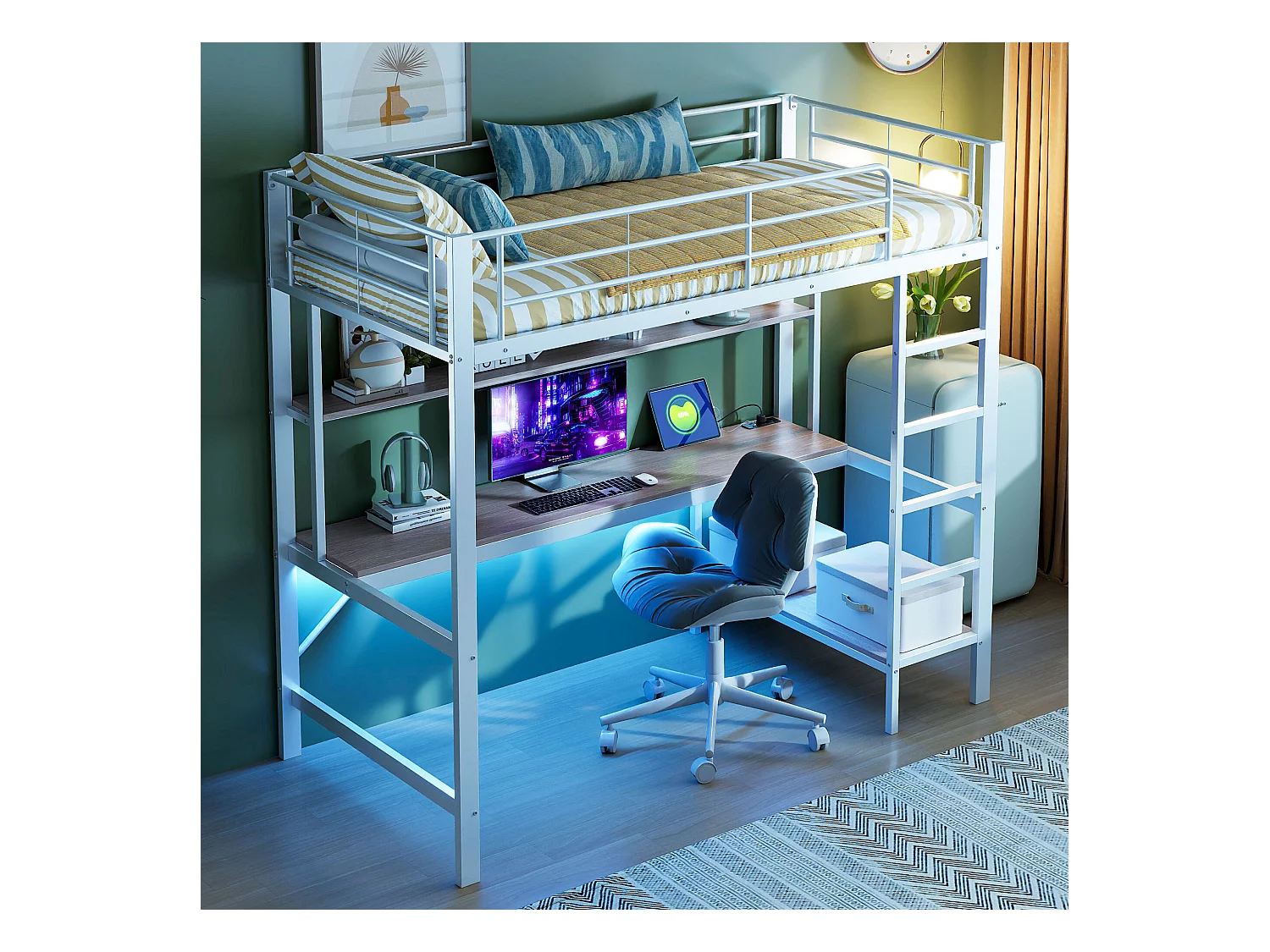 Letto a soppalco 90x200 cm - Letto per adulti con porta USB e illuminazione a LED - scrivania sotto il letto - bianco - metallo