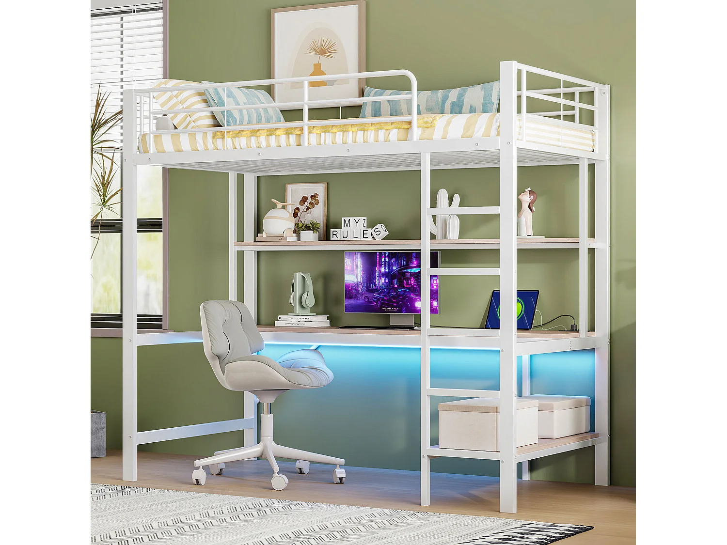 Lit mezzanine 90x200 cm - Lit adulte avec prise USB et éclairage LED - bureau sous le lit - blanc - métal