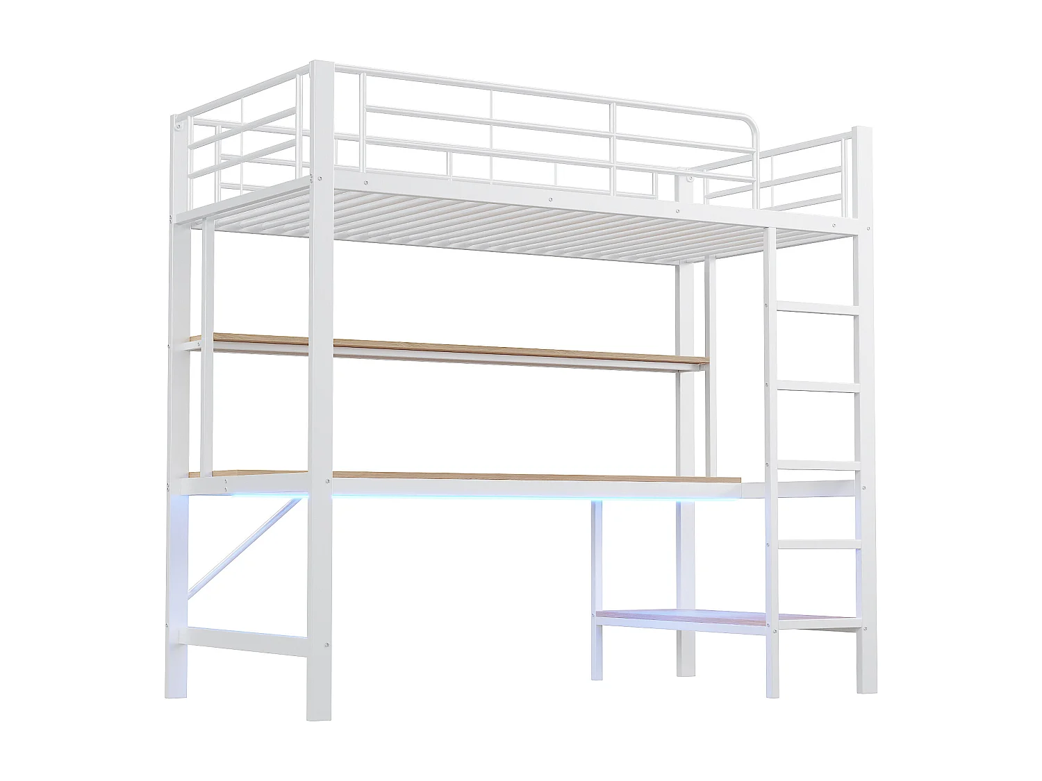Lit mezzanine 90x200 cm - Lit adulte avec prise USB et éclairage LED - bureau sous le lit - blanc - métal