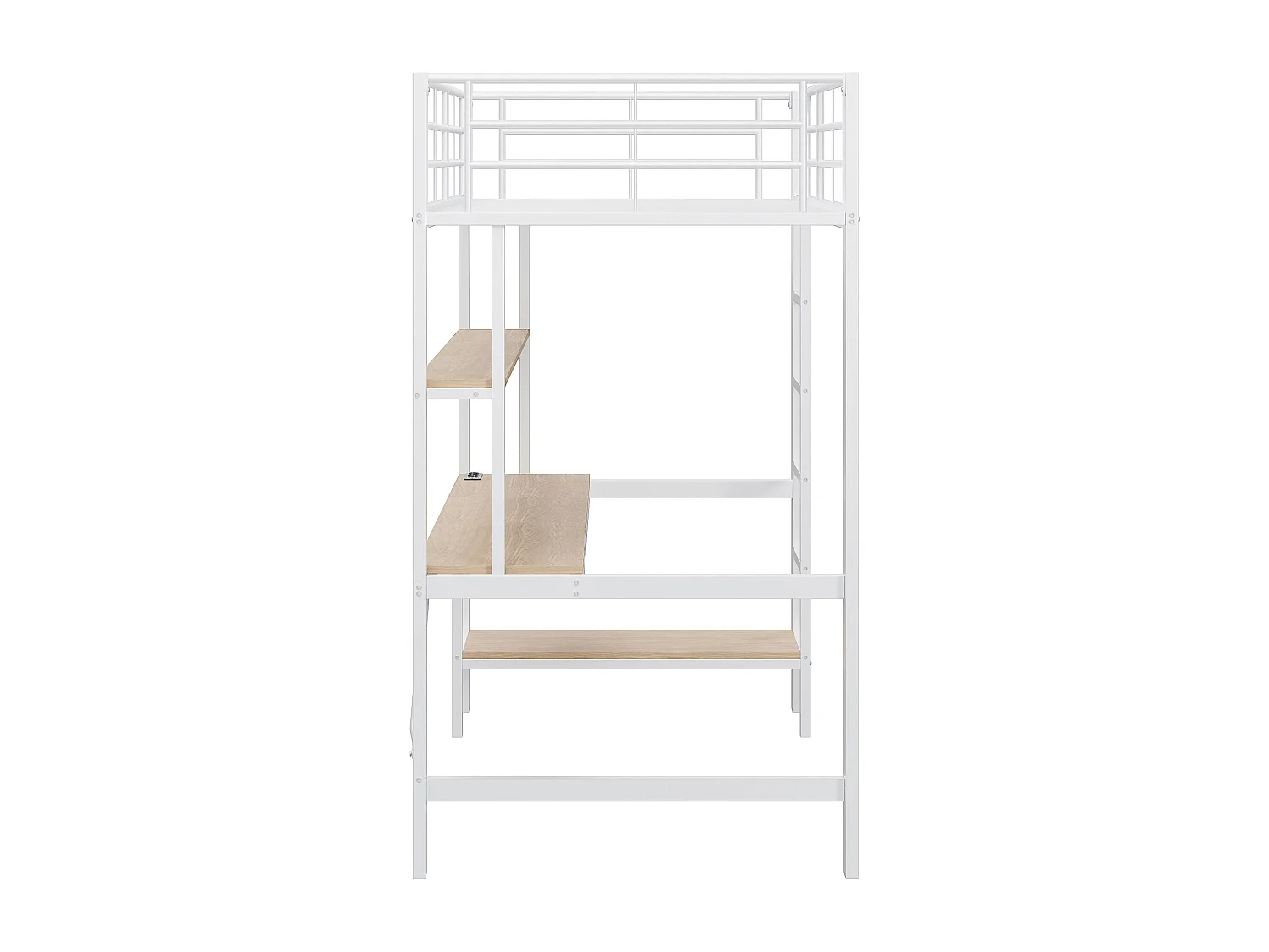 Lit mezzanine 90x200 cm - Lit adulte avec prise USB et éclairage LED - bureau sous le lit - blanc - métal