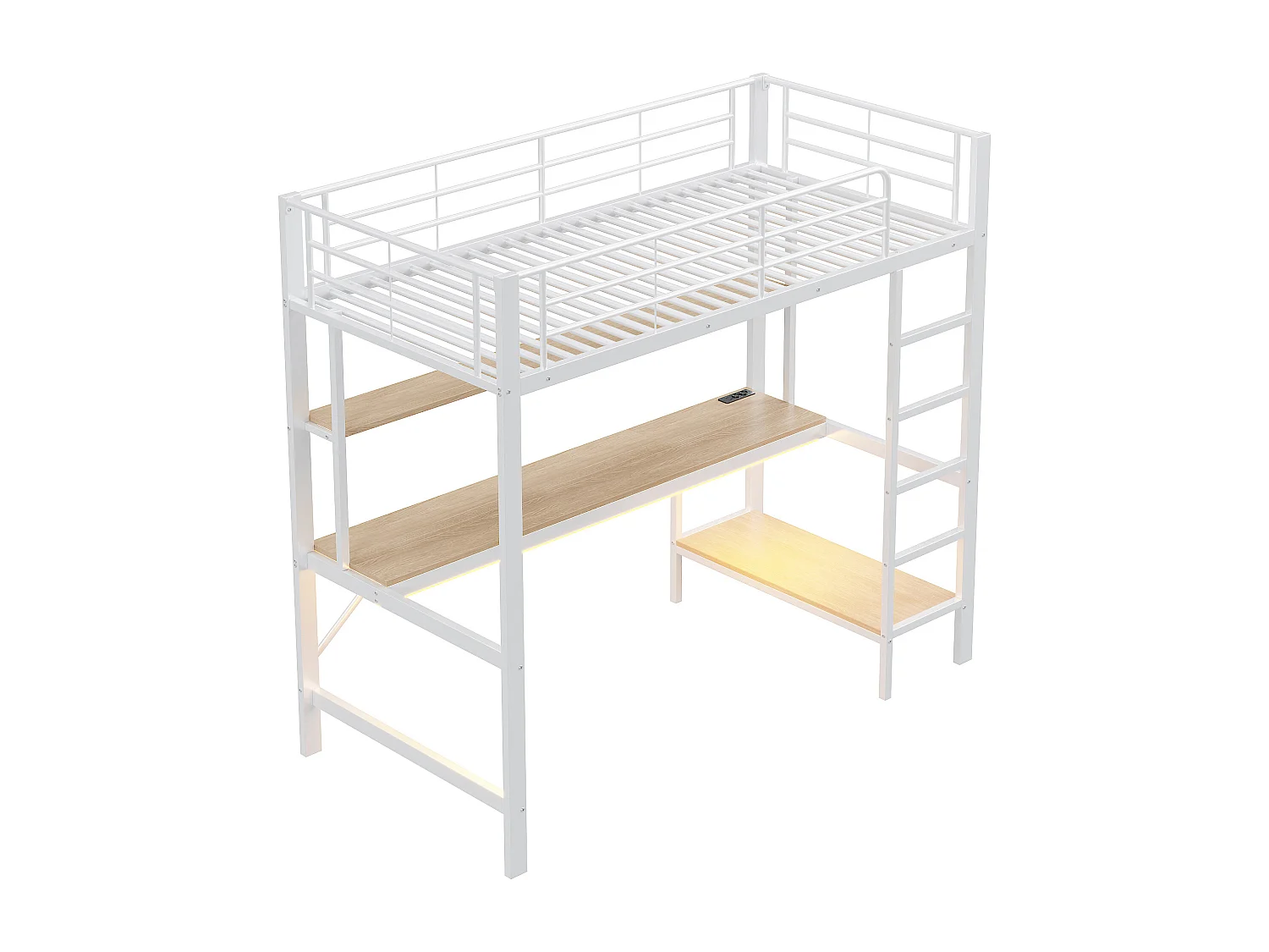 Lit mezzanine 90x200 cm - Lit adulte avec prise USB et éclairage LED - bureau sous le lit - blanc - métal