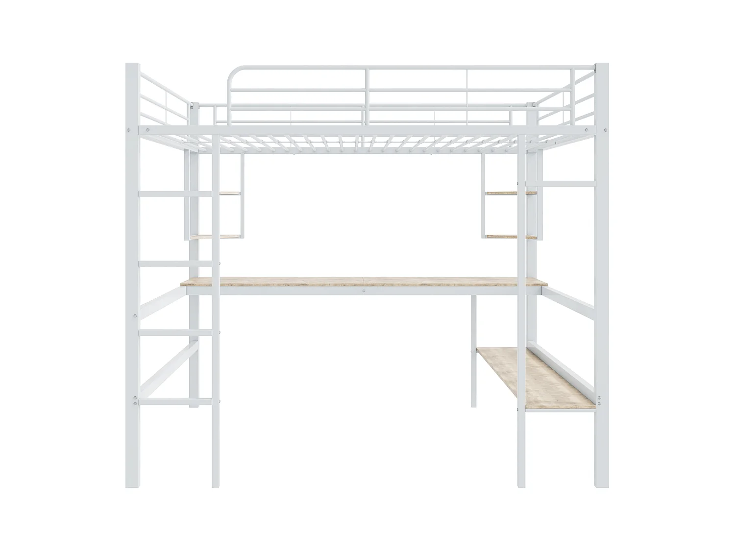 Cama alta 140x200 cm - Cama para adultos con escritorio y estantes - metal - blanco - sin colchón