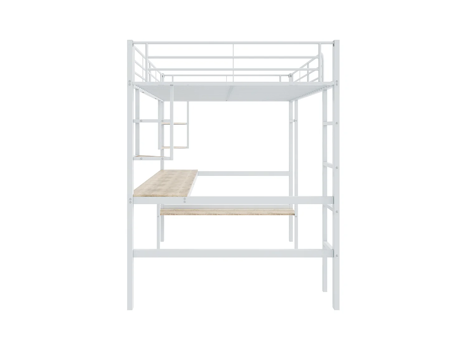 Cama alta 140x200 cm - Cama para adultos con escritorio y estantes - metal - blanco - sin colchón
