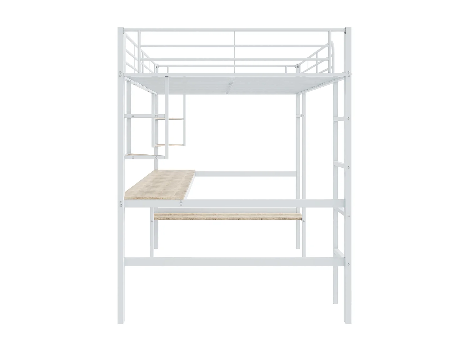 Cama alta 140x200 cm - Cama para adultos con escritorio y estantes - metal - blanco - sin colchón