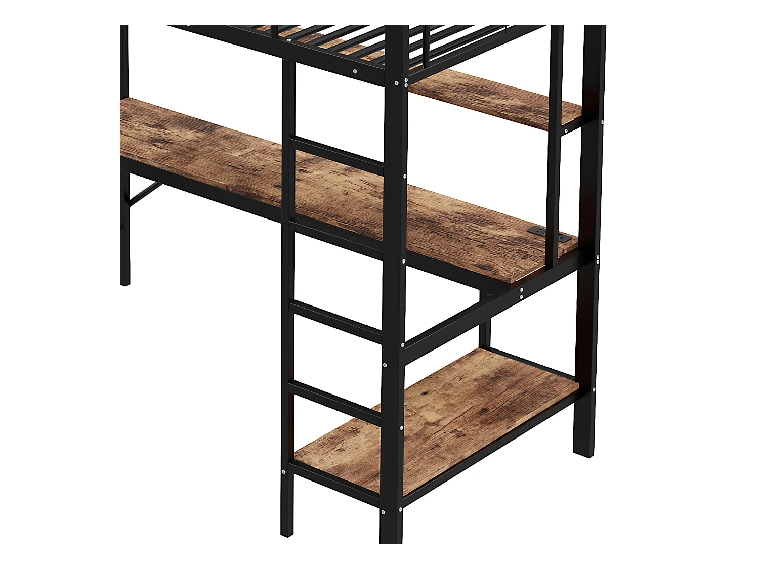 Lit mezzanine 90x200 cm - Lit adulte avec prise USB et éclairage LED - bureau sous le lit - noir - métal