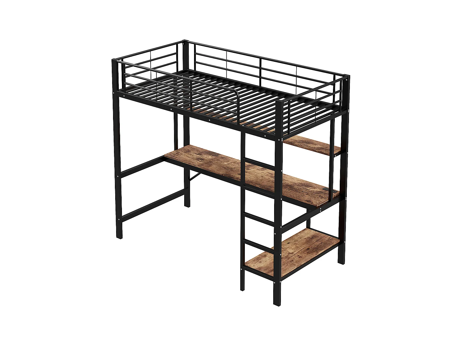 Lit mezzanine 90x200 cm - Lit adulte avec prise USB et éclairage LED - bureau sous le lit - noir - métal