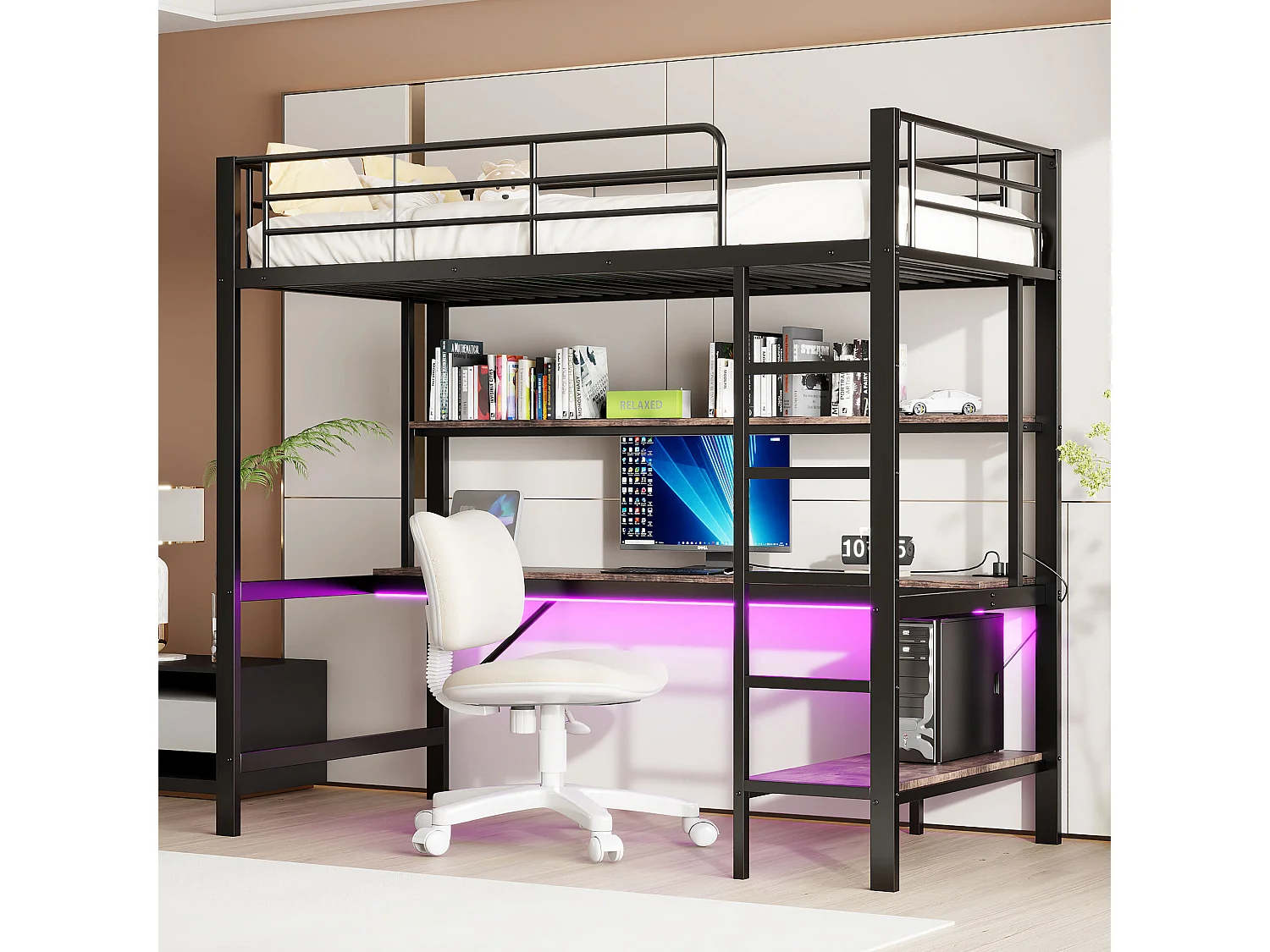 Cama alta de 90x200 cm - Cama para adultos con puerto USB e iluminación LED - escritorio bajo la cama - negro - metal