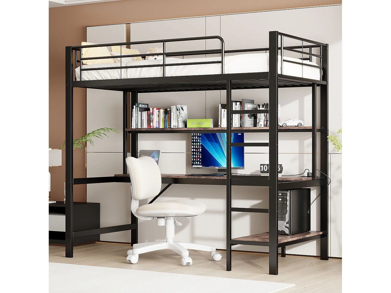 Cama alta de 90x200 cm - Cama para adultos con puerto USB e iluminación LED - escritorio bajo la cama - negro - metal