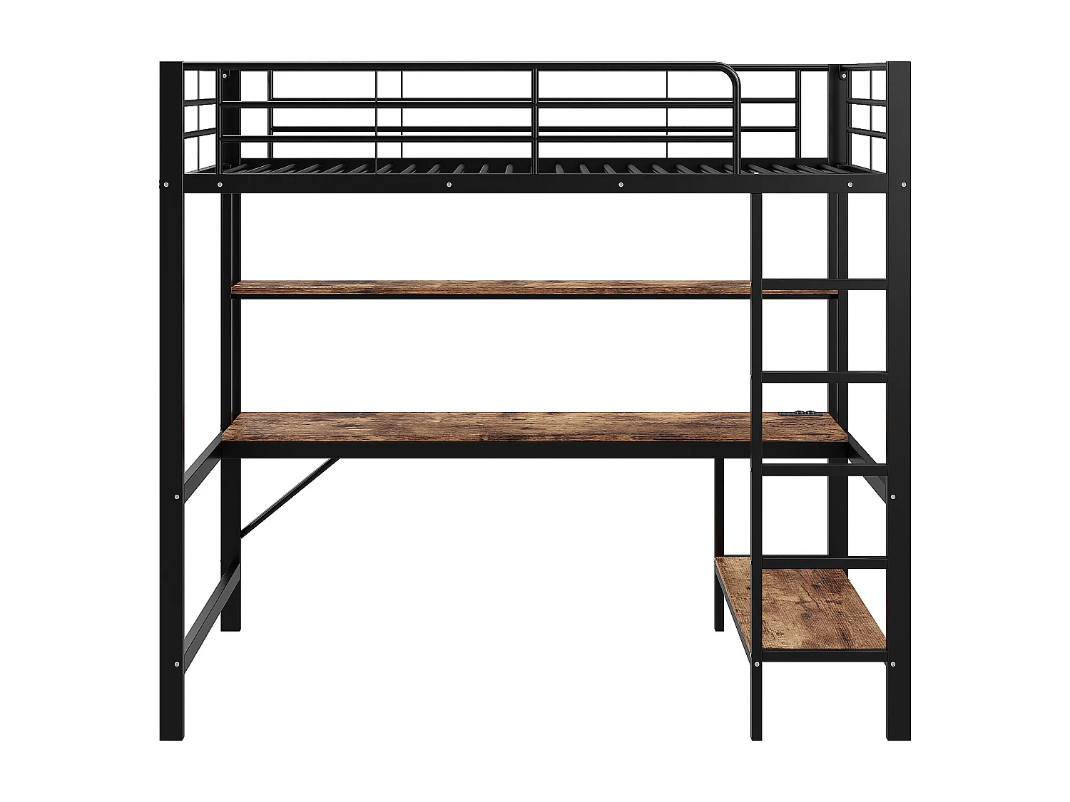 Cama alta de 90x200 cm - Cama para adultos con puerto USB e iluminación LED - escritorio bajo la cama - negro - metal